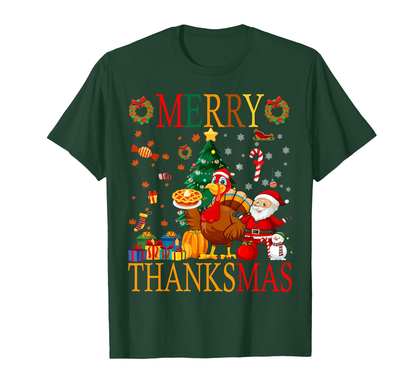 Funny Merry Thanksmas Pumpkin Turkey Thanksgiving Christmas T-Shirt