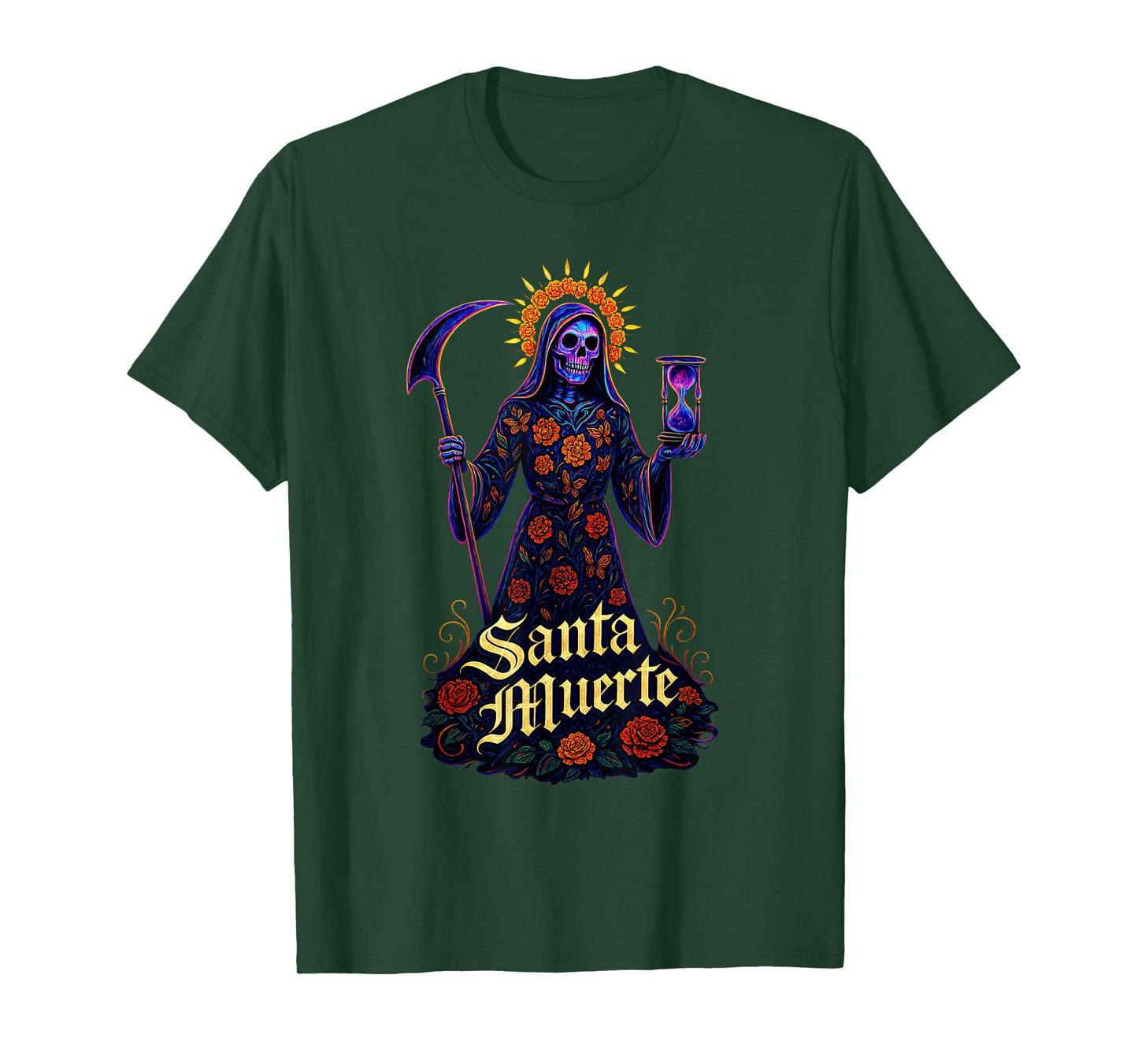 Santa Muerte with Marigolds & Butterflies, Cosmic Hourglass T-Shirt