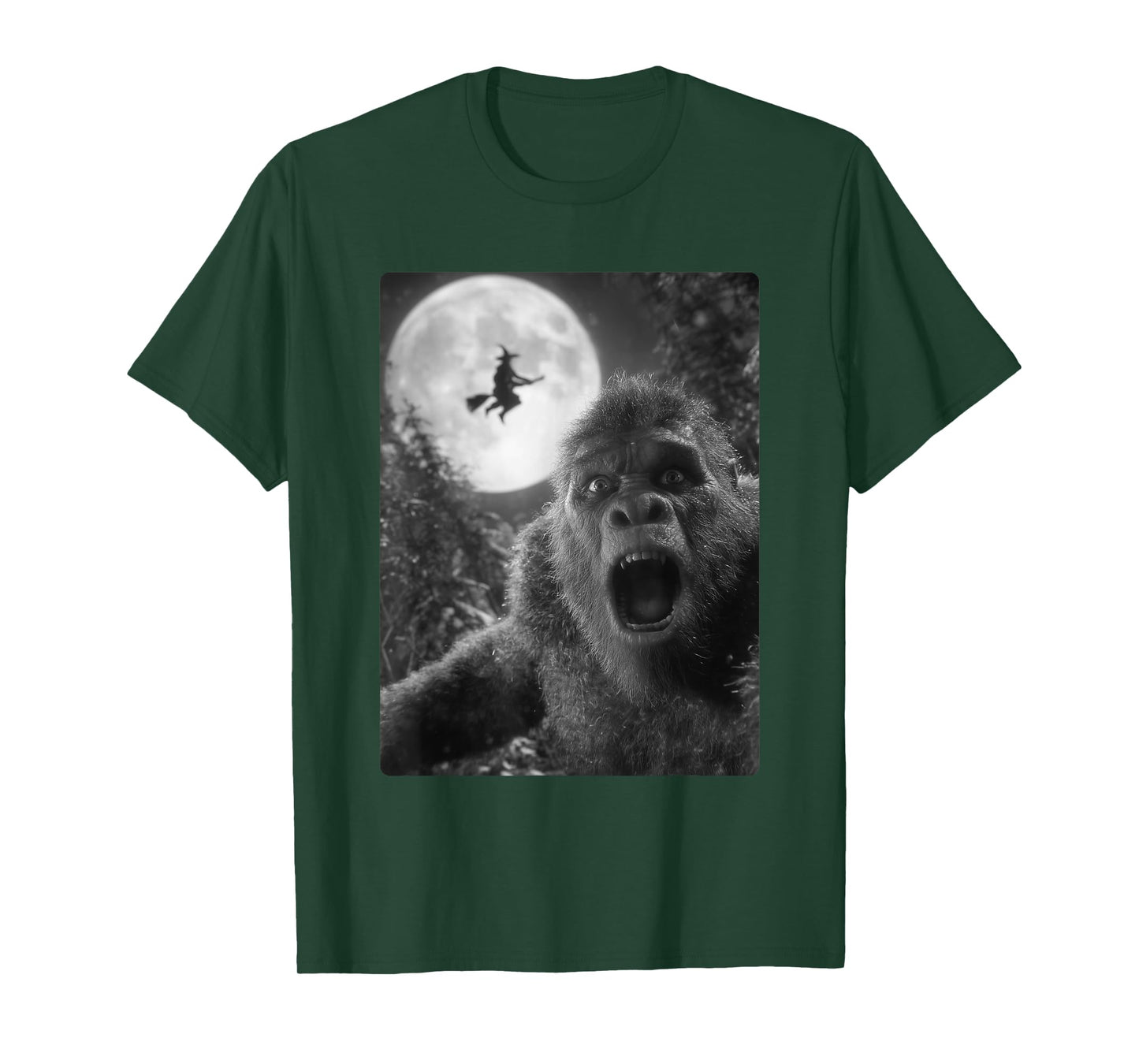 Funny Bigfoot Selfie Full Moon Flying Witch Forest Halloween T-Shirt