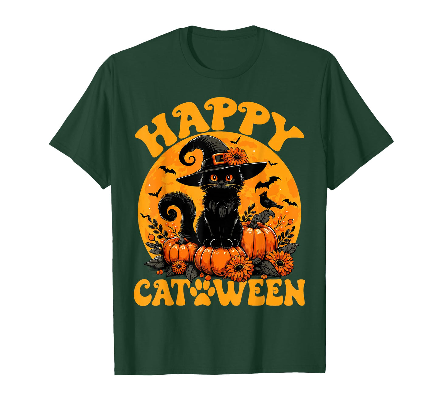 Funny Black Cat Pumpkin Witch Kitten Full Moon Halloween Cat T-Shirt