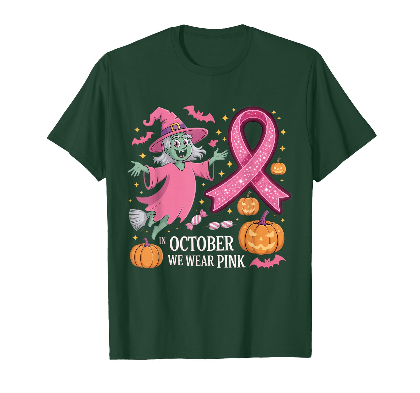 in October We Wear Pink Ghost Witch Breast Cancer Awareness T-Shirt
