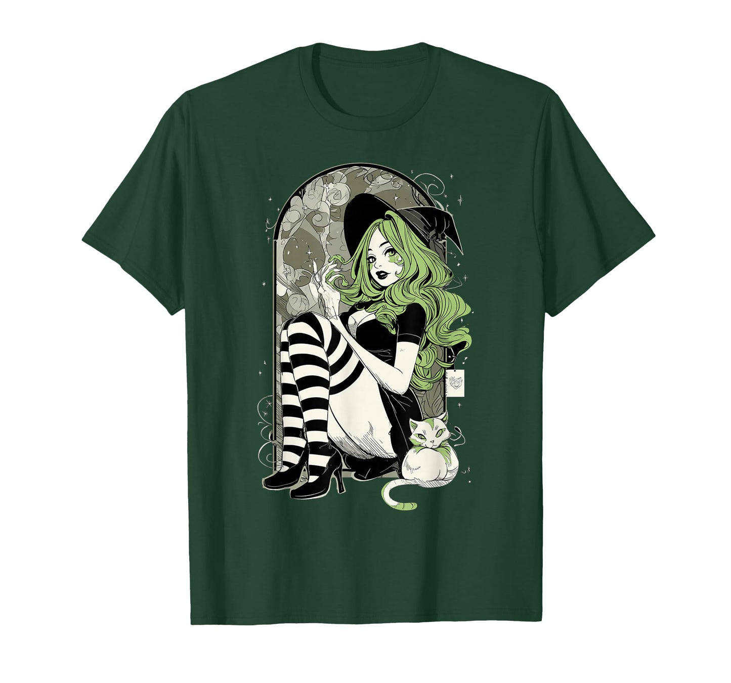 Sexy Witch Green Hair Black White Stockings Halloween Cat T-Shirt