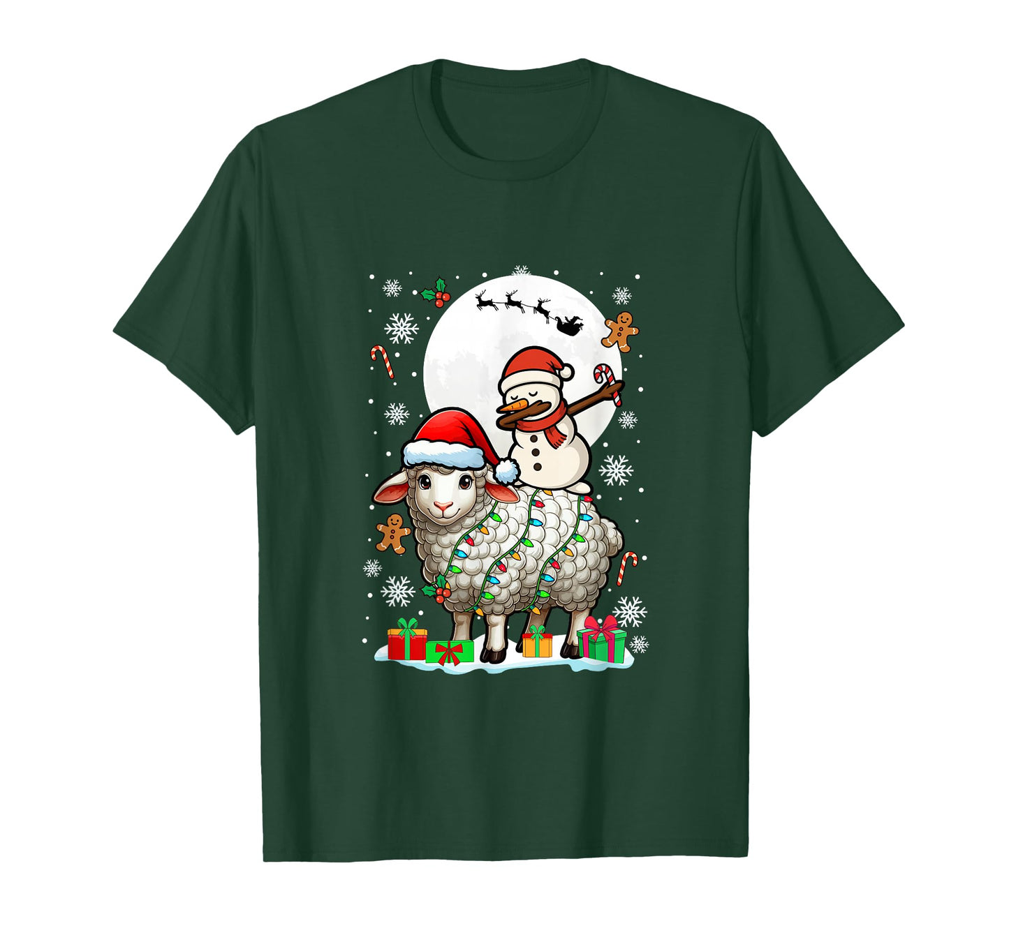 Dabbing Snowman On Sheep Christmas Santa Colorful Lights T-Shirt
