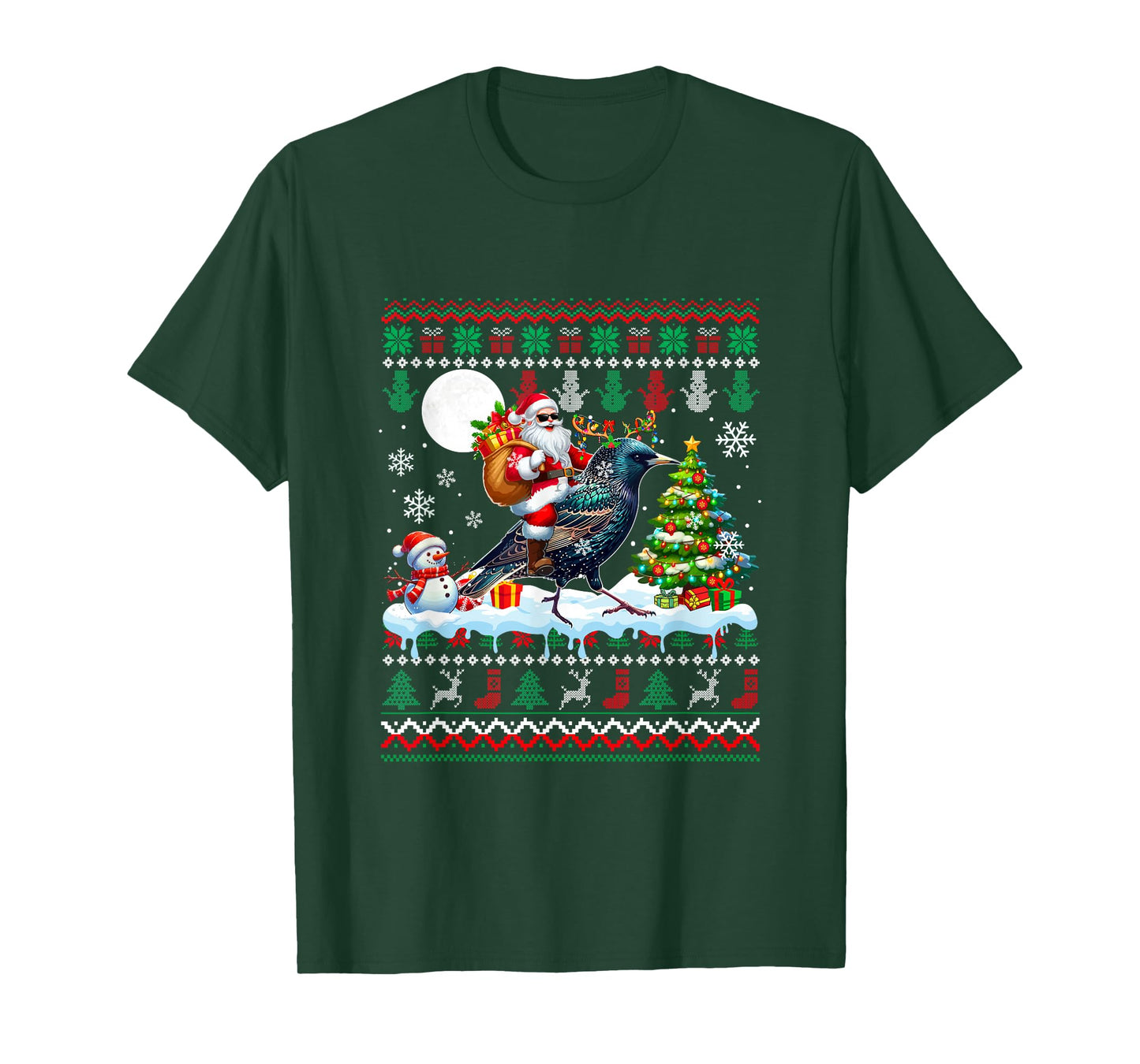 Santa Riding Reindeer Starling Sweater Xmas Tree Snowman T-Shirt