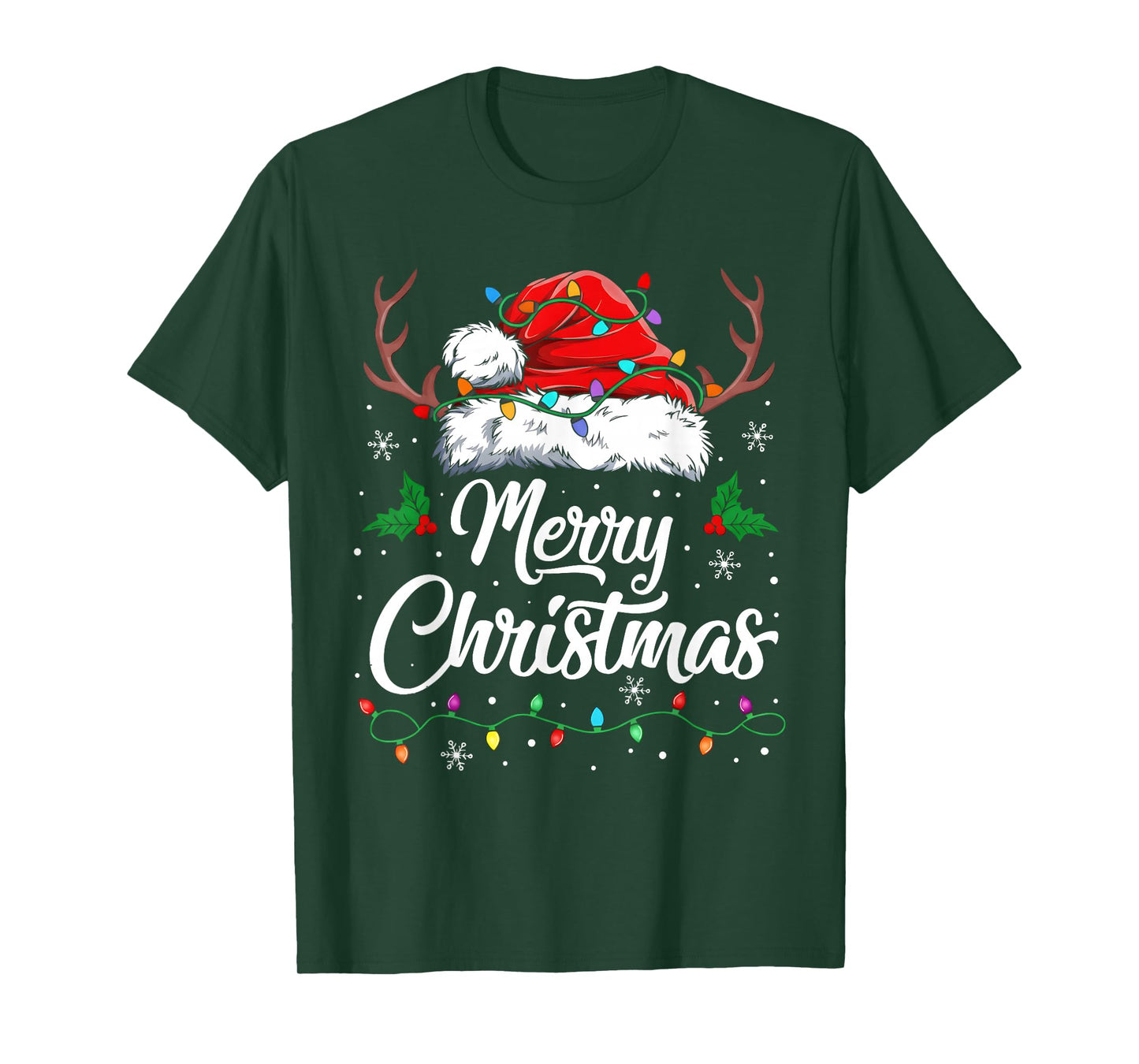 Merry Christmas Lights Red Santa Hat Xmas Family Men Women T-Shirt