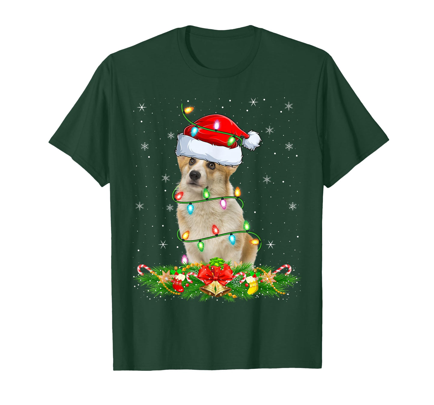 Welsh Corgi Dog Christmas Lights Funny Santa Hat Xmas T-Shirt