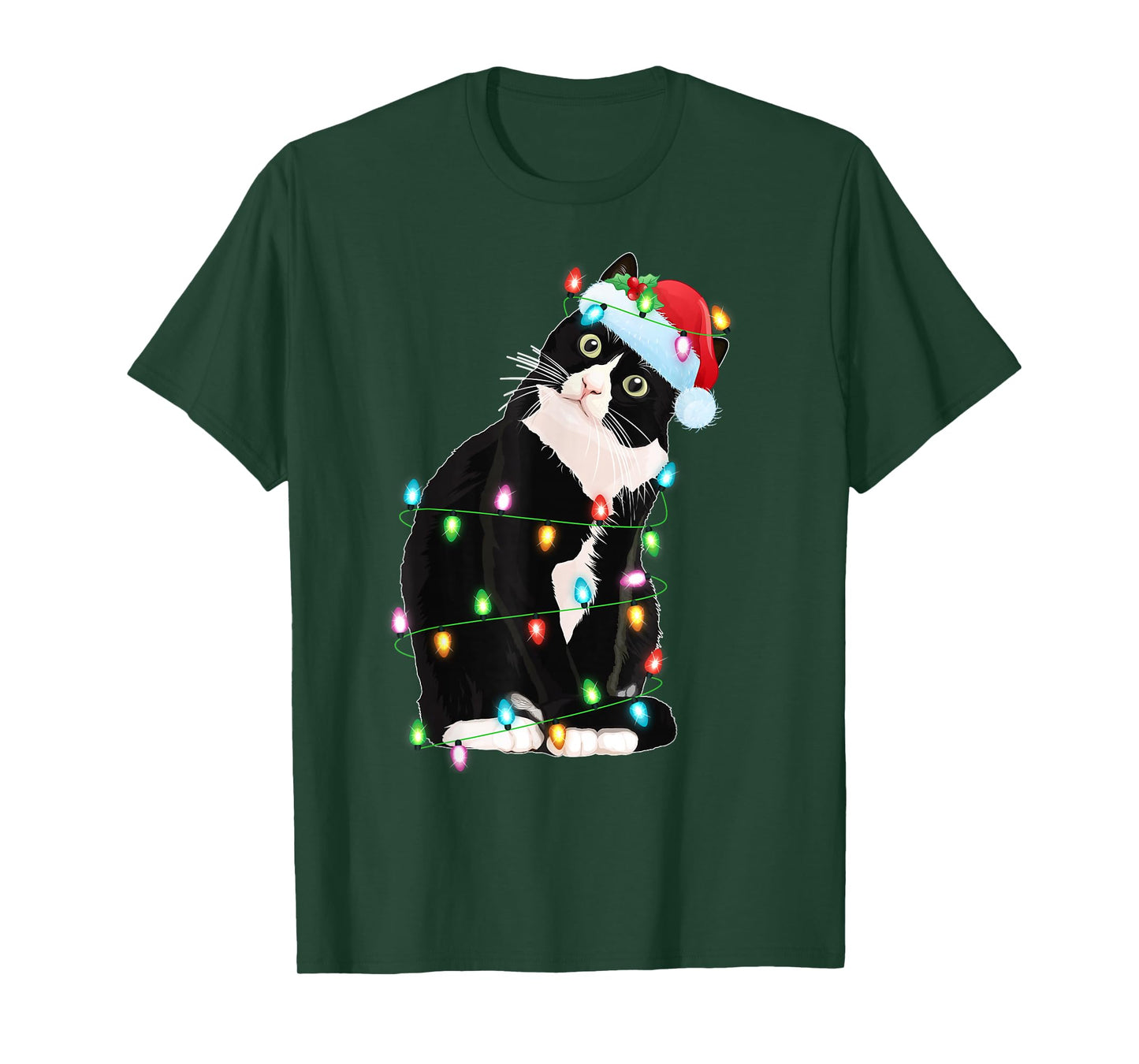 Black Cat Christmas Lights Funny Santa Hat Black Cat Xmas T-Shirt