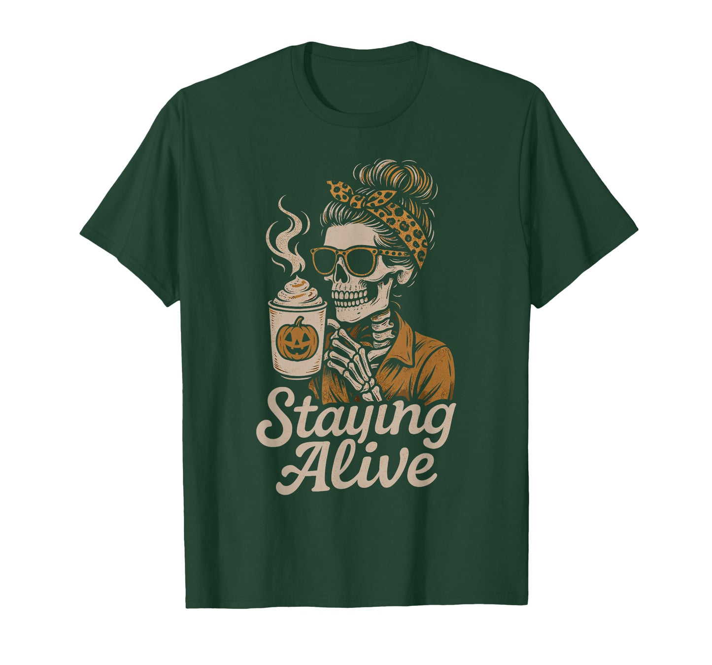 Staying Alive Spooky Skeleton Coffee Retro Halloween T-Shirt