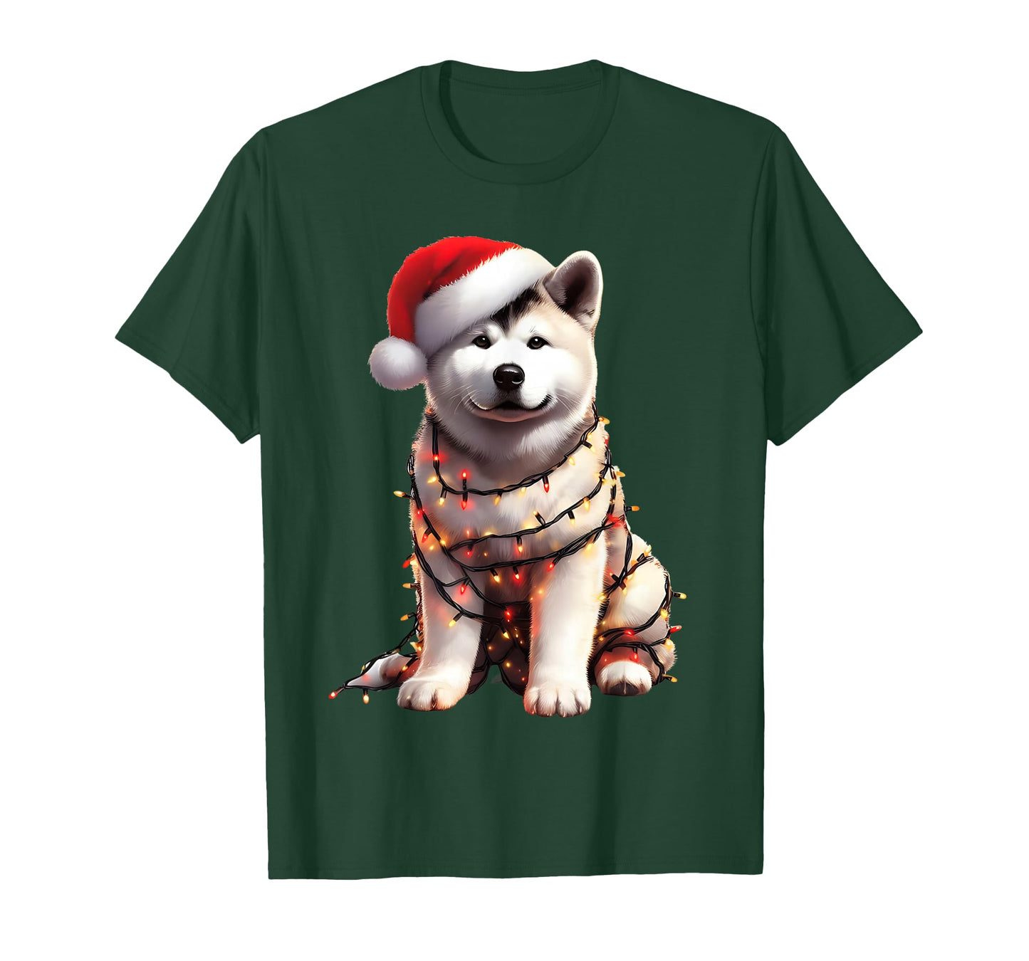 Akita Dog Christmas Lights Santa Hat Dog Lover T-Shirt