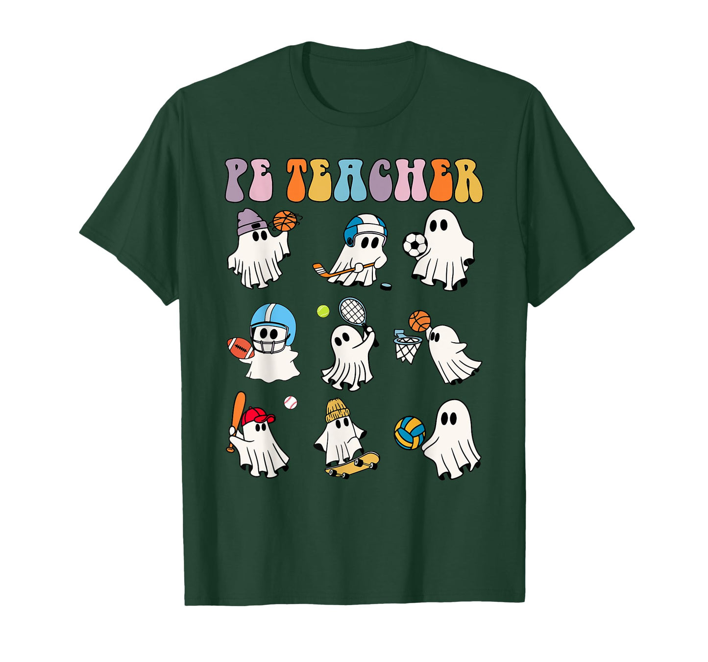 Halloween PE Teacher Ghost Playing Soccer Football Baseball T-Shirt