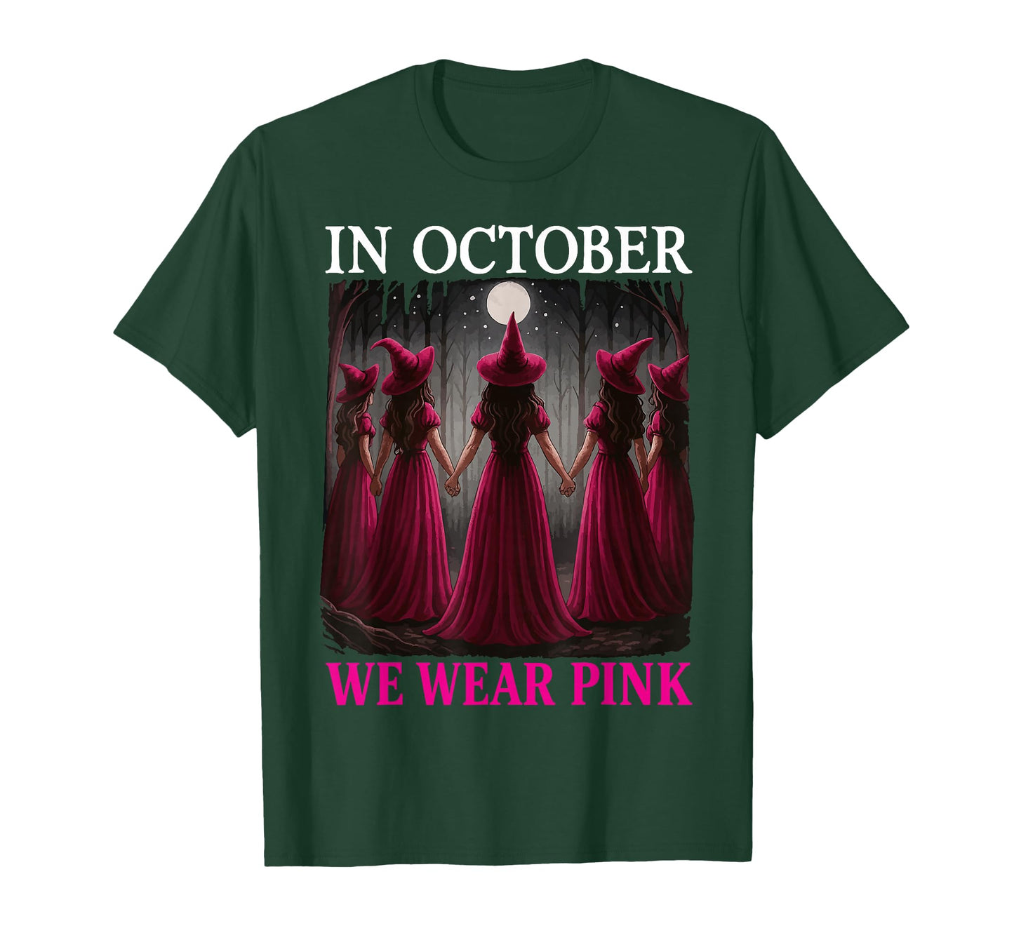 in October We Wear Pink Witch Hat Breast Cancer Ribbon T-Shirt