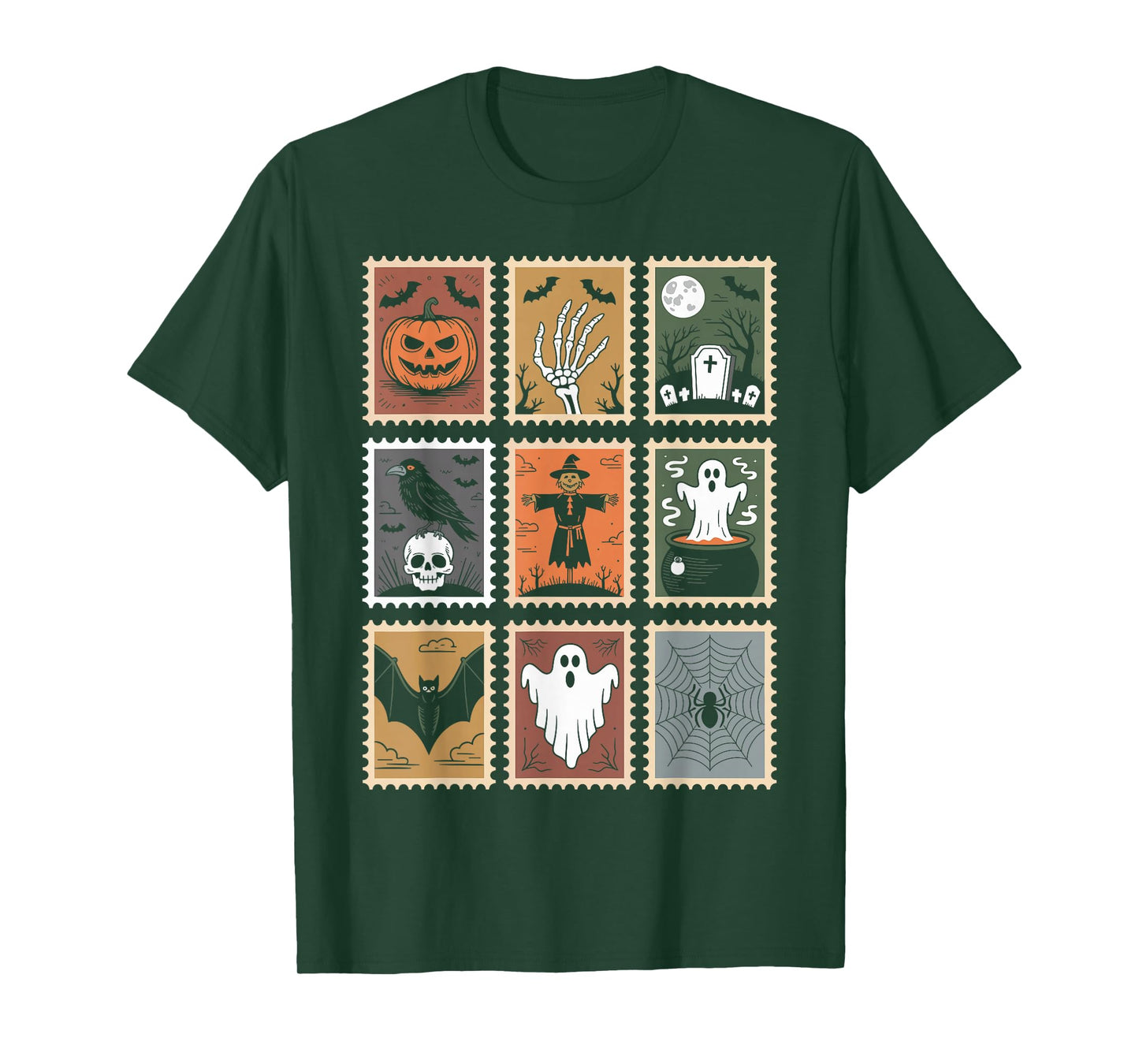 Halloween Stamps Spooky Pumpkin Ghost Cat Witch Skeleton T-Shirt