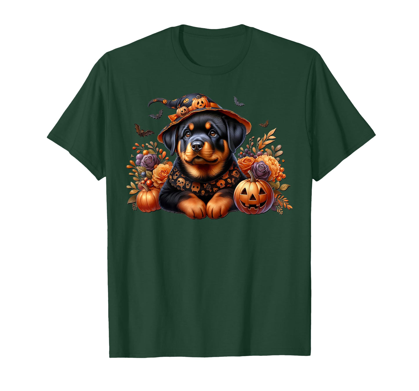 Floral Rottweiler Halloween Graphic with Bats and Pumpkins T-Shirt