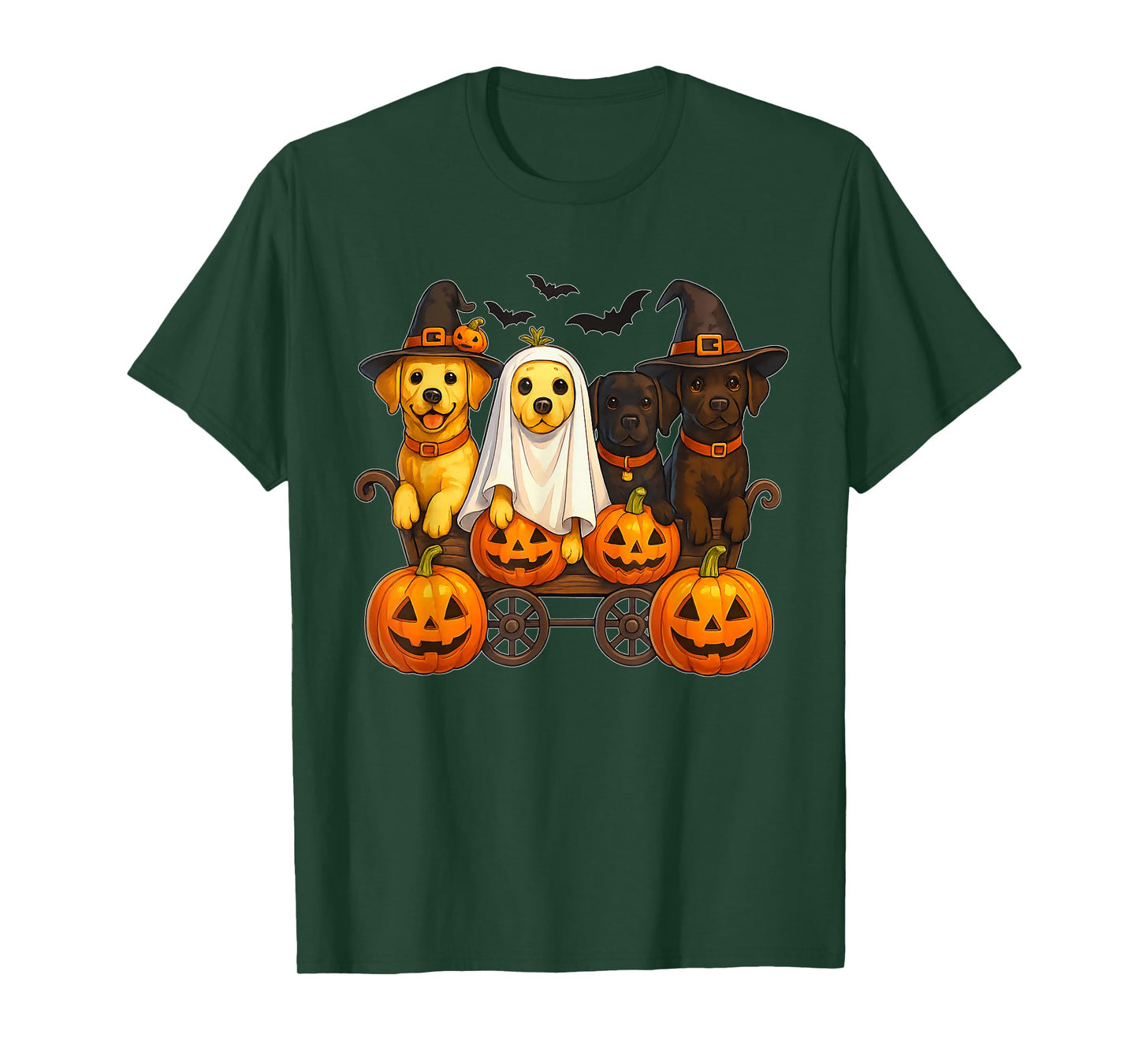 Halloween Retriever Dogs Ghost Witch Pumpkins Wooden Wagon T-Shirt