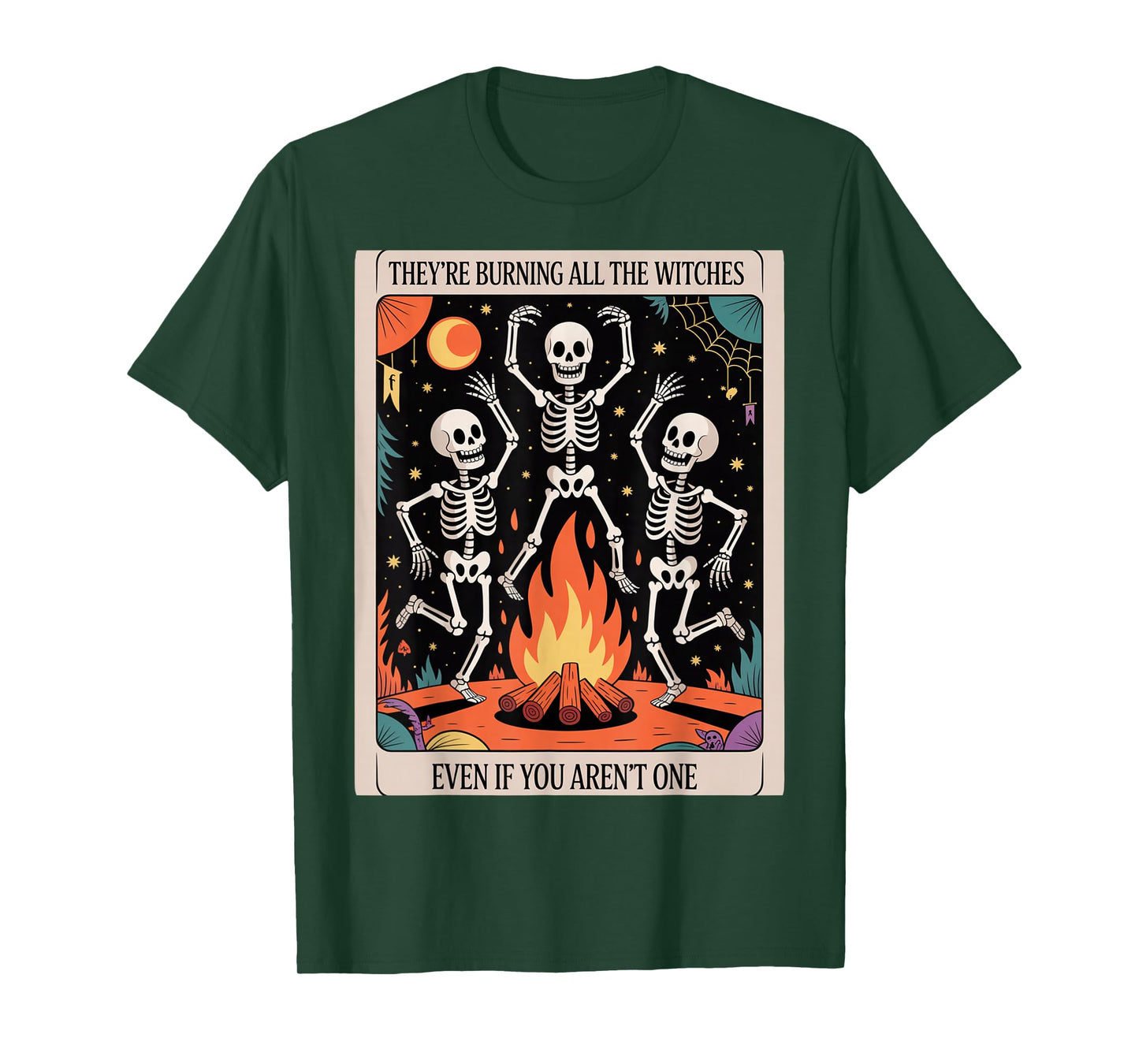 Burning Witches Skeleton Bonfire Tee – Gothic Halloween Taro T-Shirt