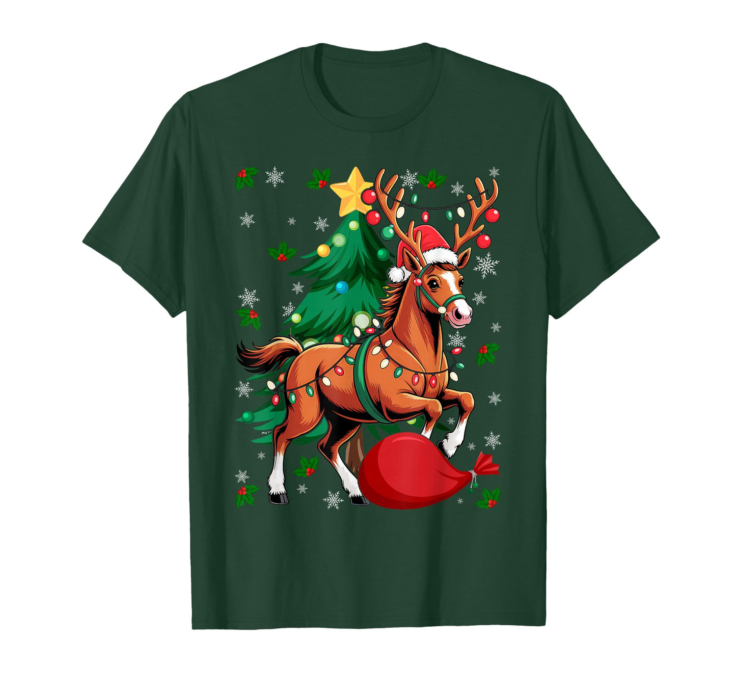Christmas Lights Horse Santa Funny Xmas Tree T-Shirt