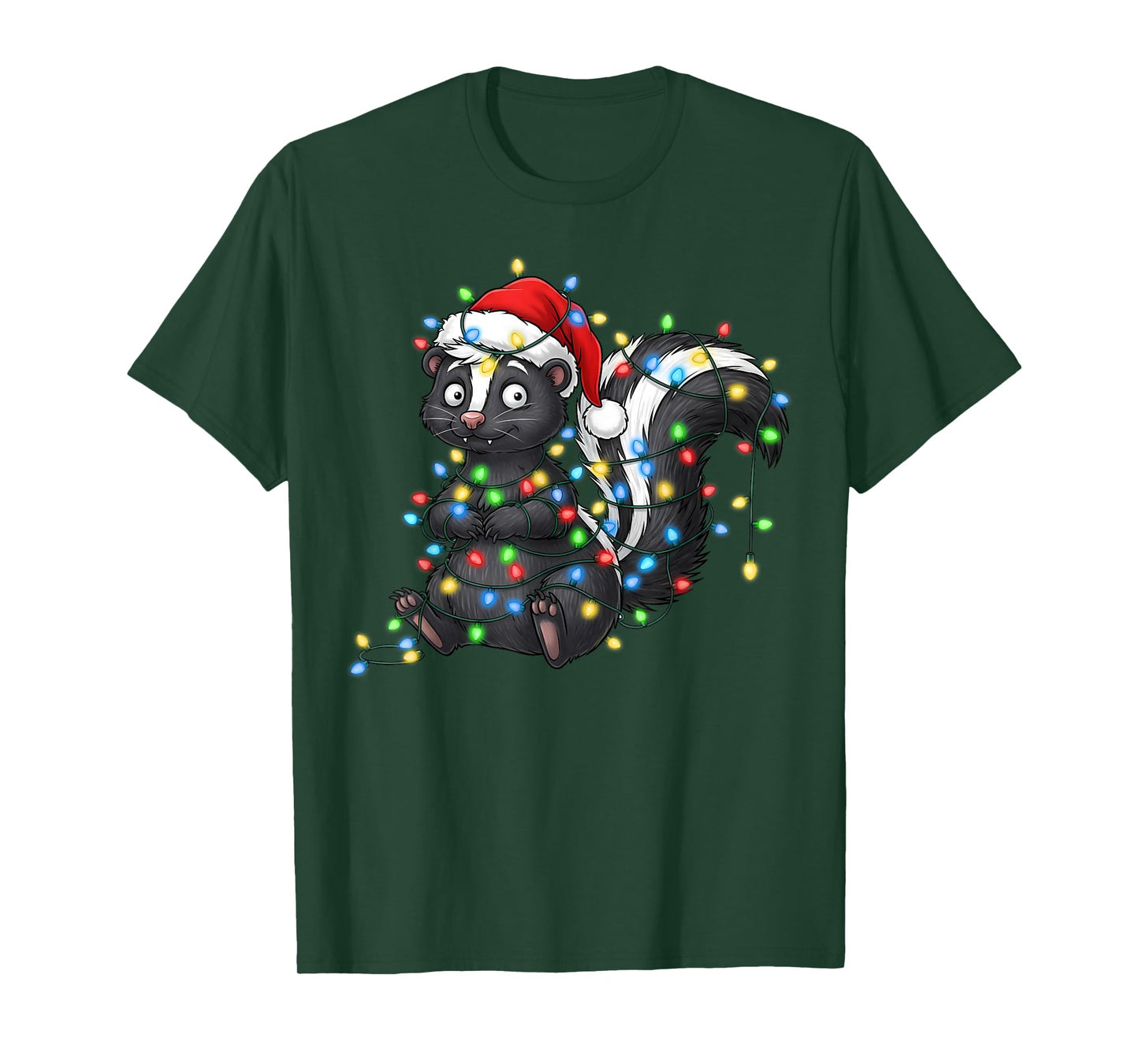 Cute Skunk Tangled in Christmas Lights Wearing Santa Hat T-Shirt