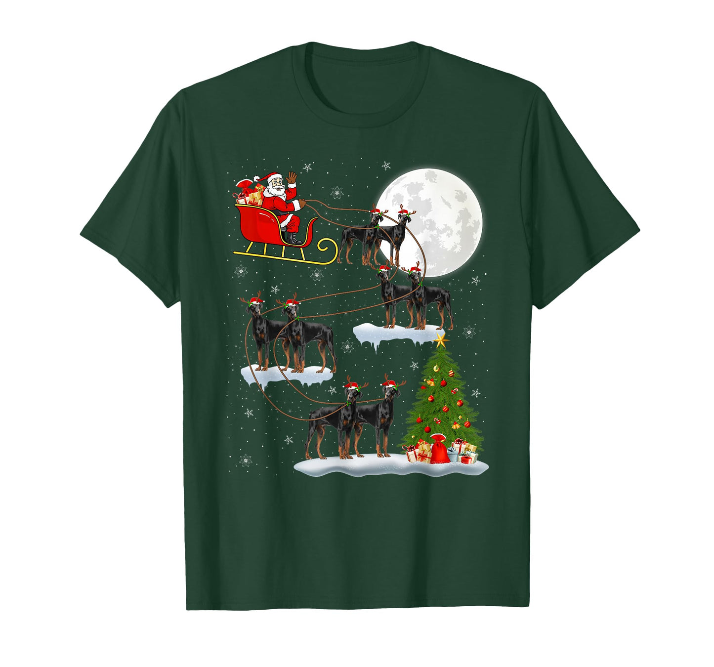 Doberman Pinscher Dog Santa Sleigh Flying Funny Christmas T-Shirt