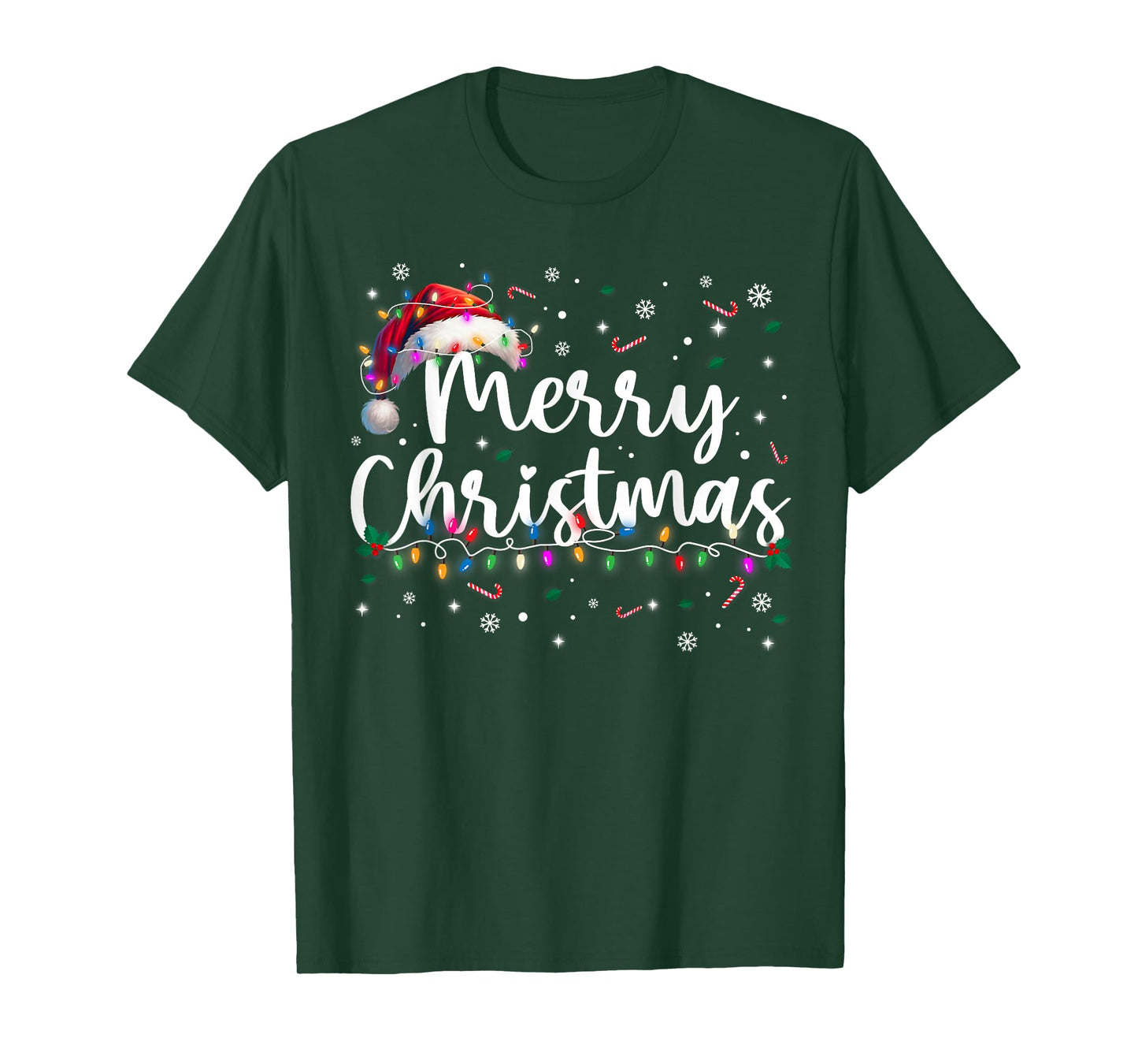 Merry Christmas Lights Santa Hat Xmas Family Men Women T-Shirt