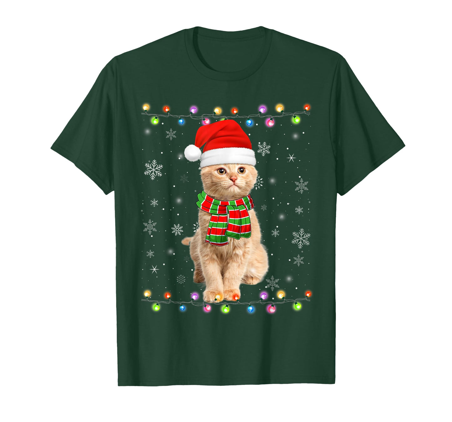 Cat Christmas Lights Santa Hat Funny Meowy Cat Xmas T-Shirt