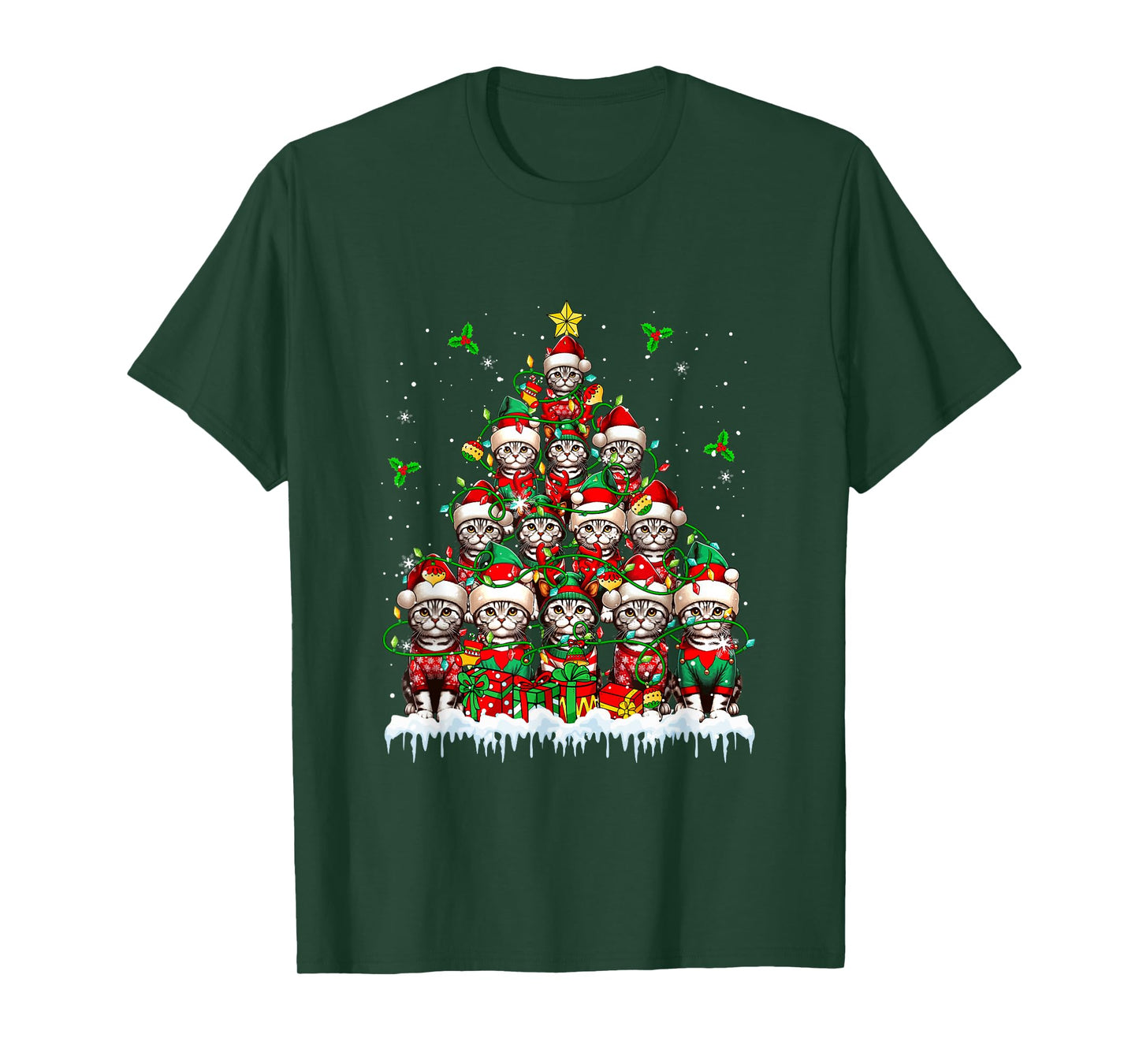Group Santa Reindeer Elf American Shorthair Cats Xmas Tree T-Shirt