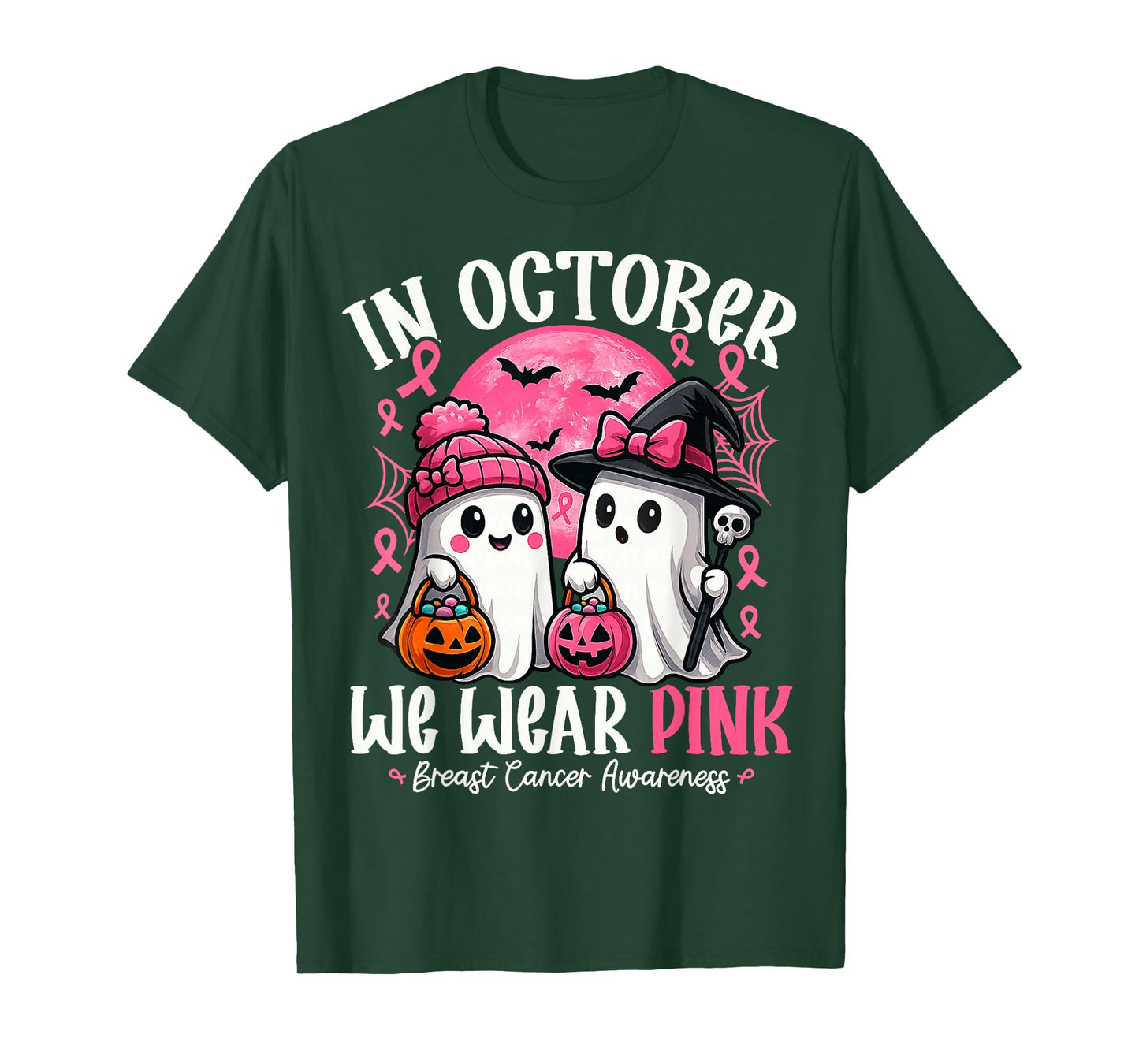 in October We Wear Pink Ghost Witch Breast Cancer Awareness T-Shirt