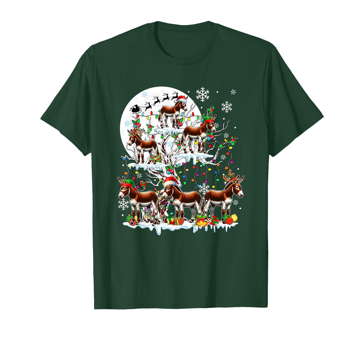 Group Santa Reindeer Elf Donkeys On Tree Christmas Snow T-Shirt