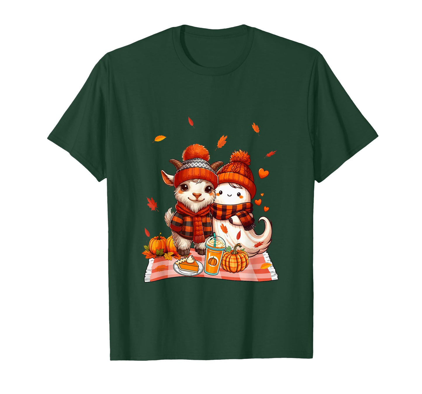 Goat with Boo Halloween Thanksgiving Fall Leaves Pumpkins T-Shirt