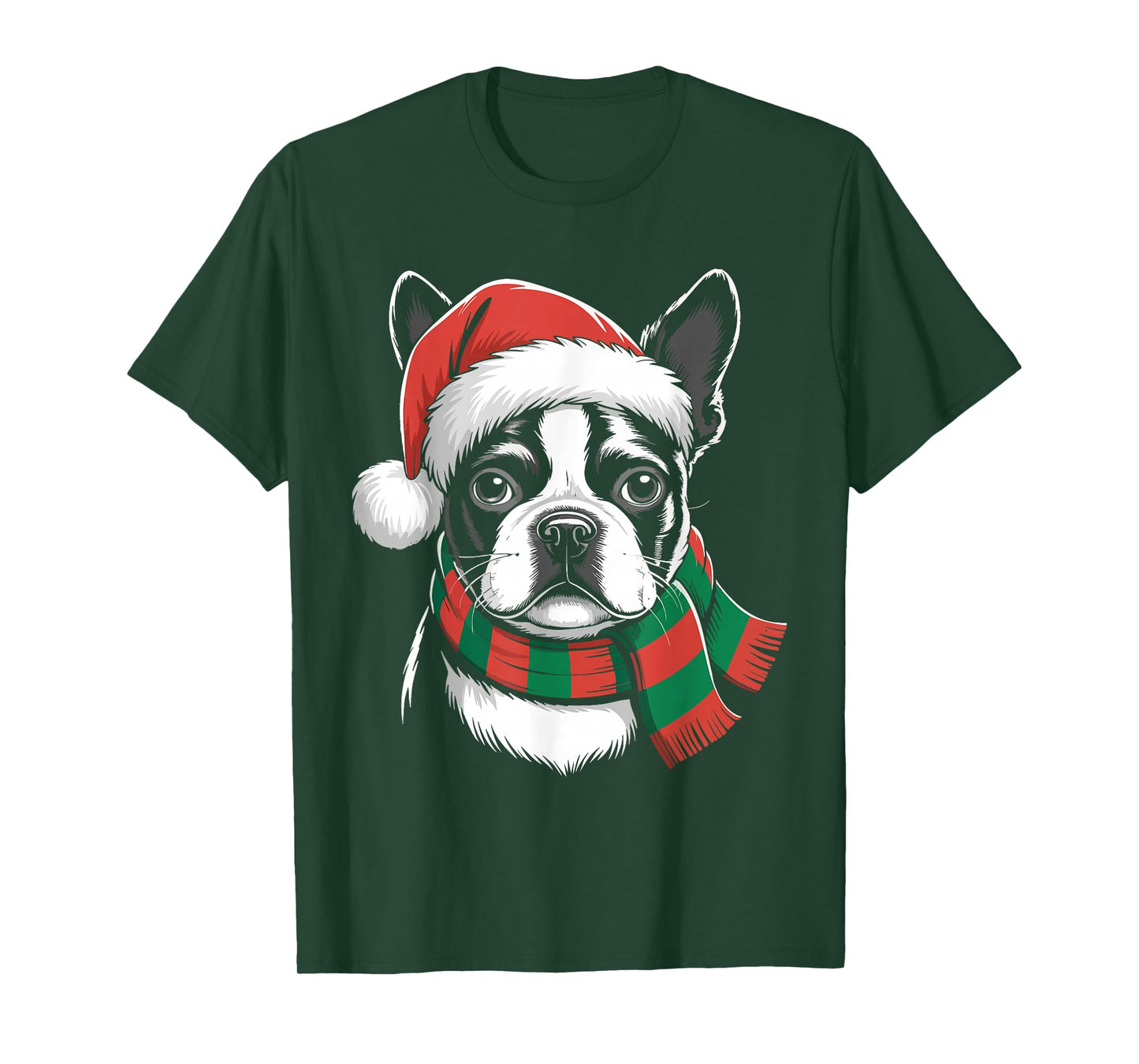 Boston Terrier Xmas Santa Hat Scarf Christmas Costume T-Shirt