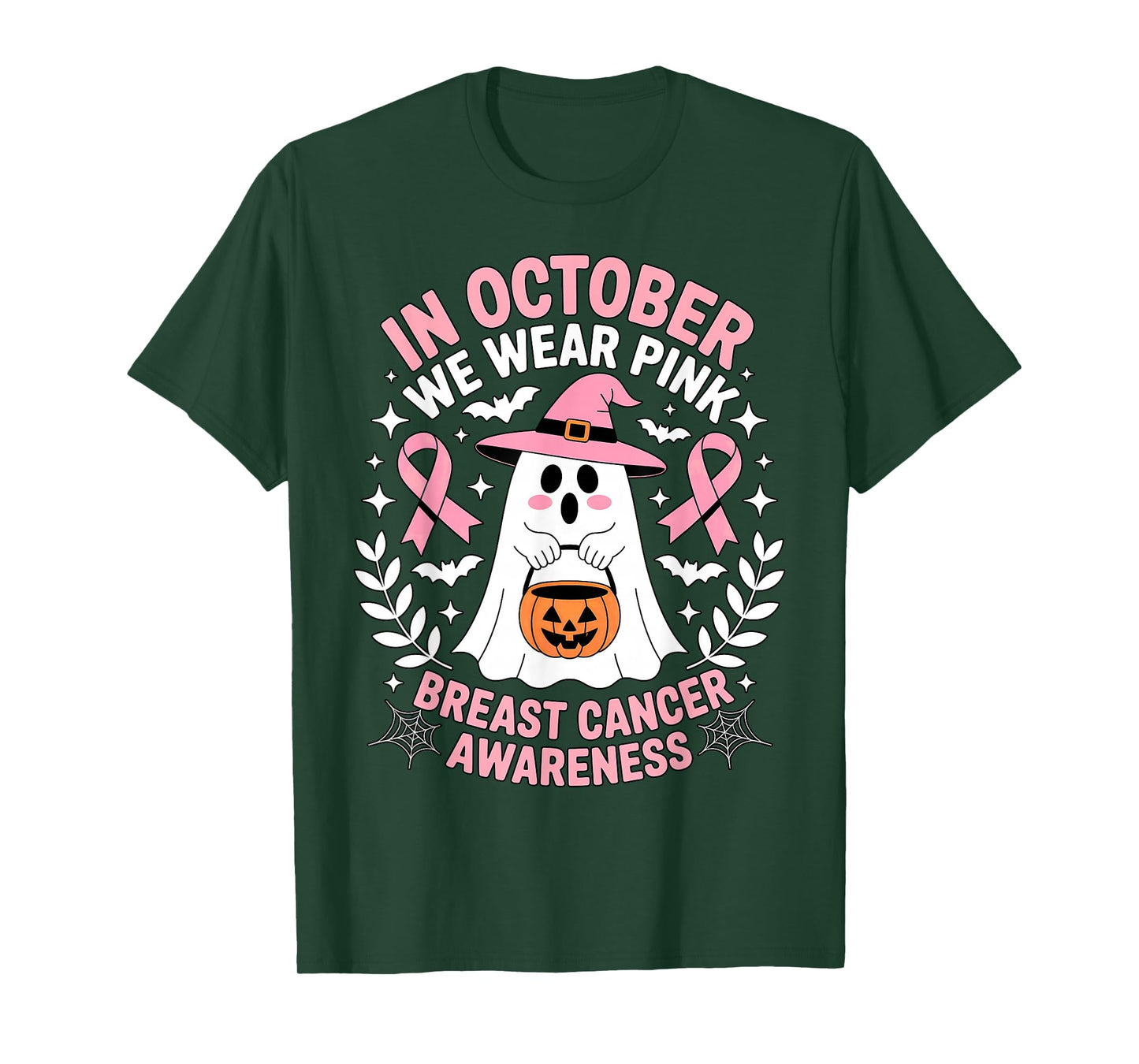October Ghost Pink Witch Hat Breast Cancer Awareness T-Shirt