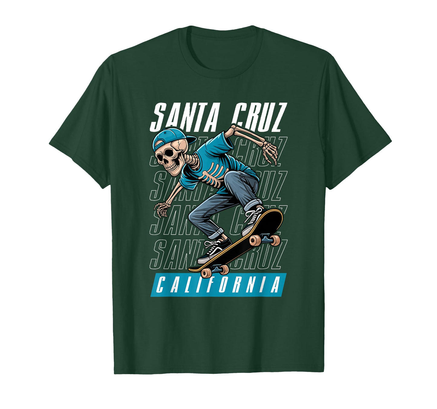 Santa Cruz California Tee, Skeleton in Hat Old School Skater T-Shirt