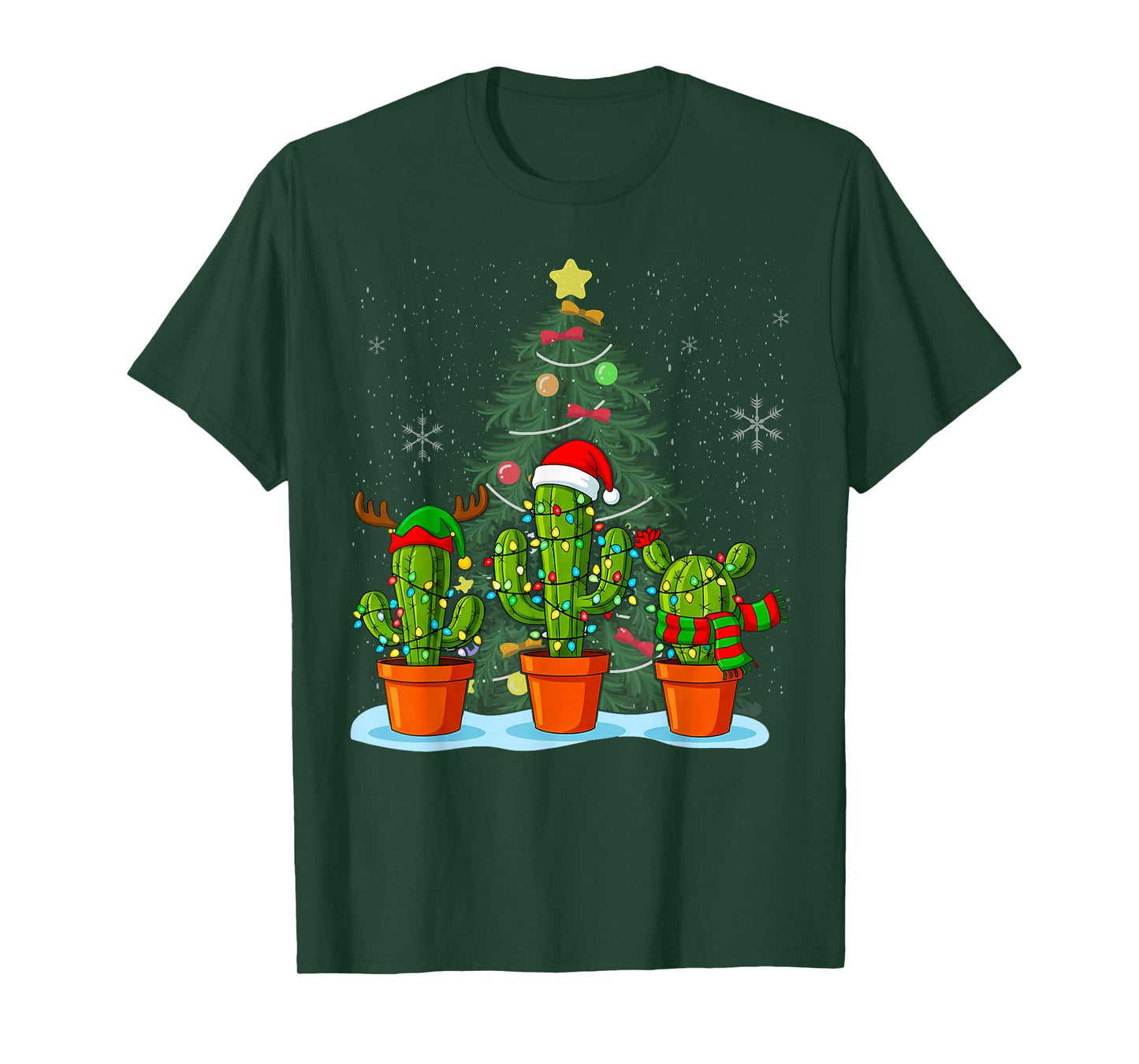 Christmas Lights Santa Hat Reindeer Horns Cactus Decor T-Shirt