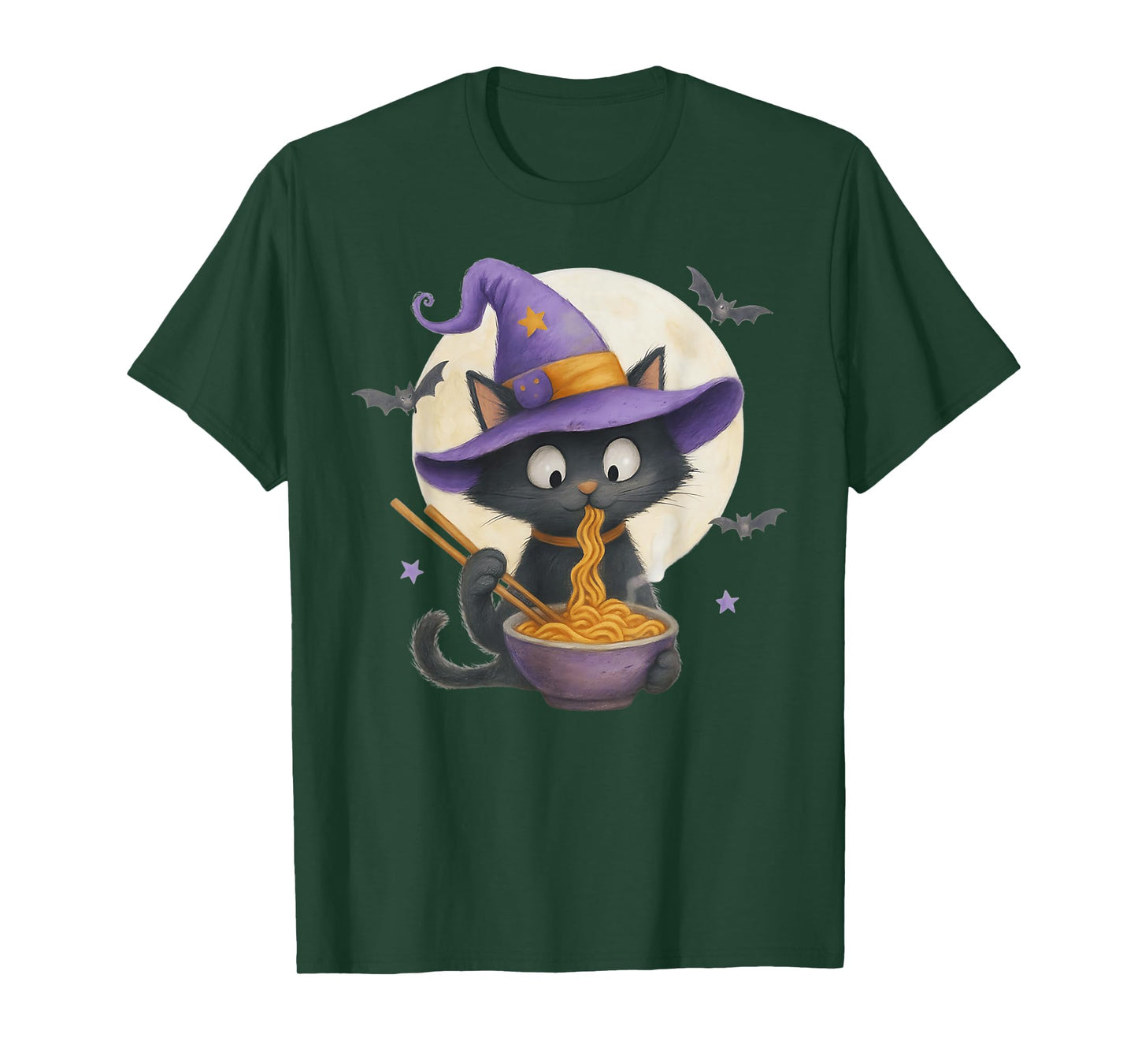Halloween Spooky Kawaii Black Cat Witch Eating Ramen Noodles T-Shirt