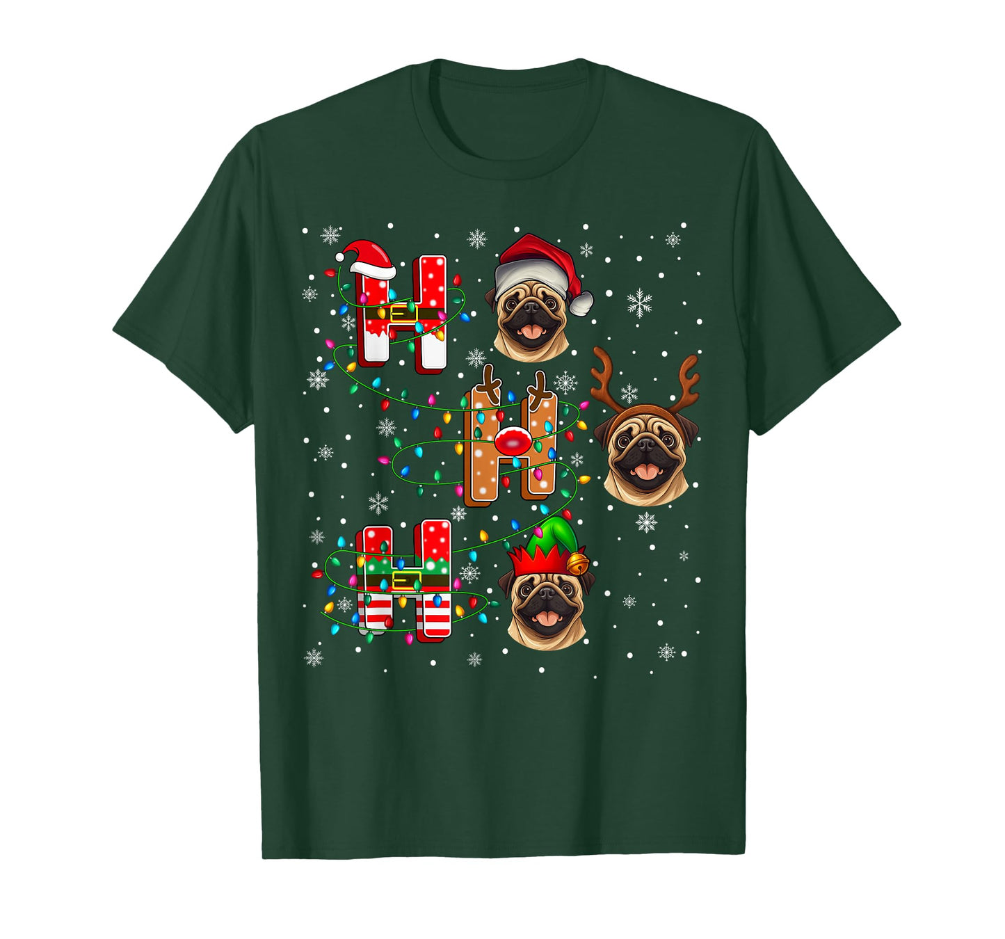 Ho Ho Ho Santa Reindeer Hat Elf Matching Pug Xmas T-Shirt