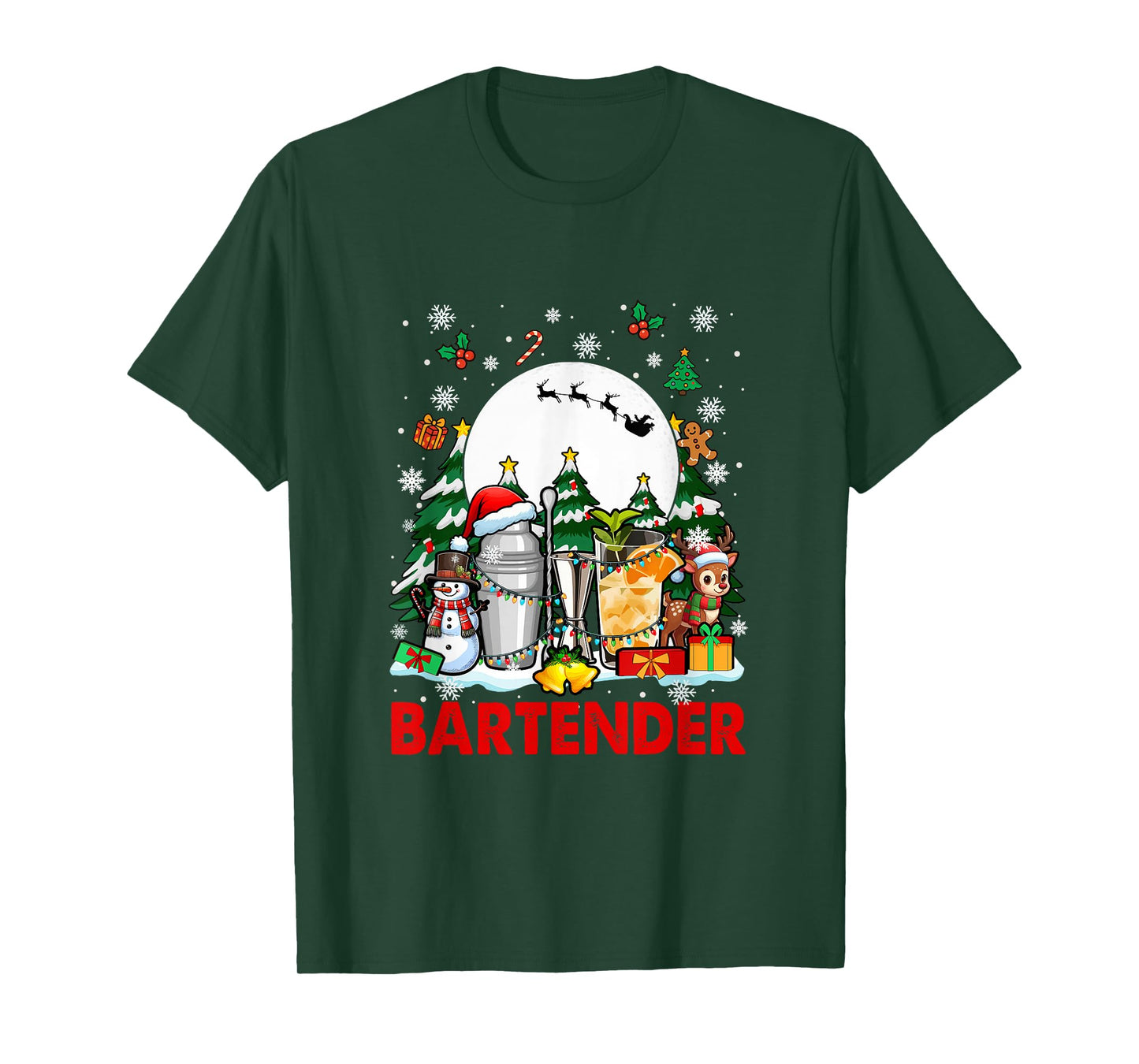 Bartender Job Tools Santa Snowmen Reindeer Christmas Trees T-Shirt