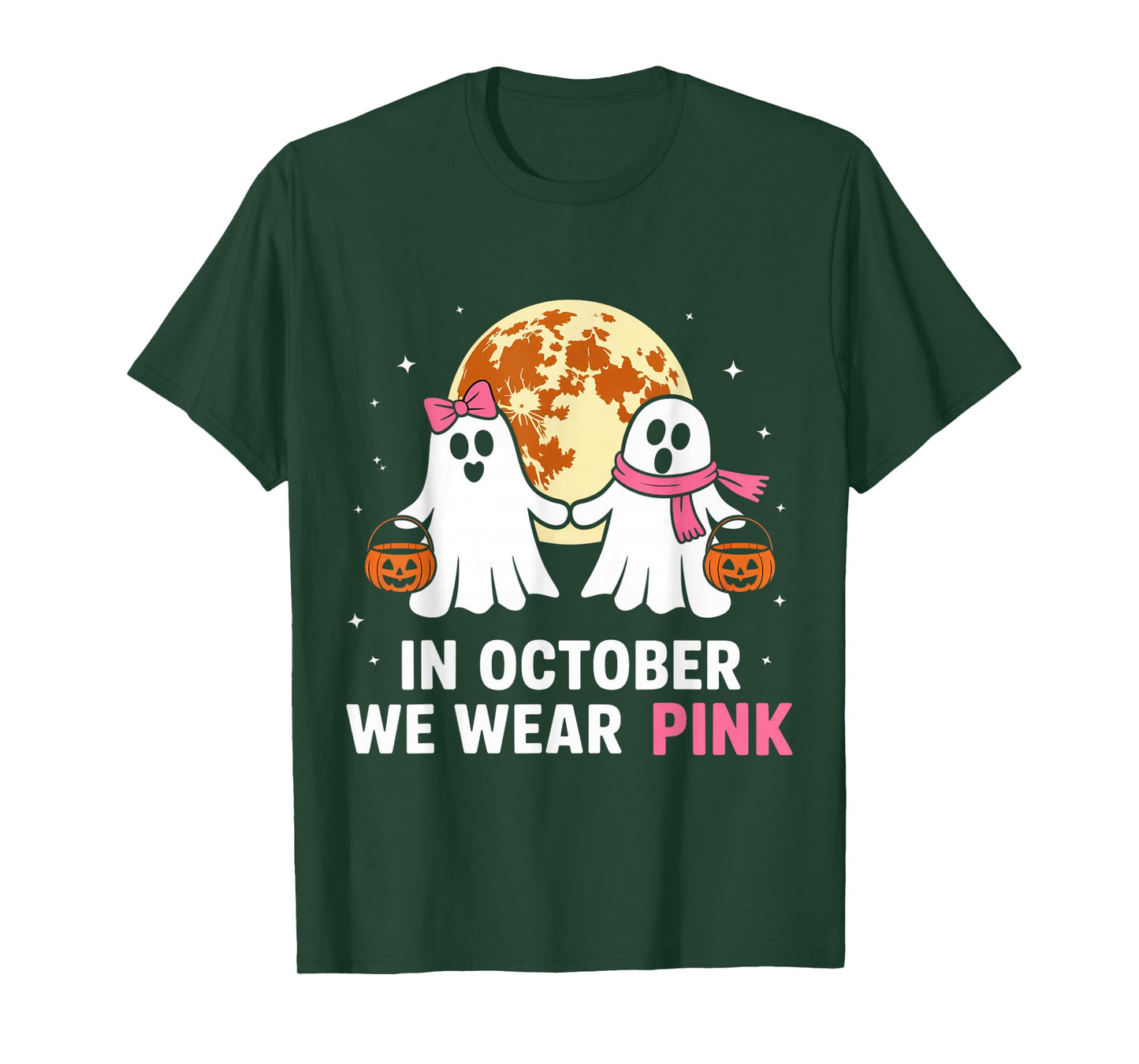 in October We Wear Pink Ghost Witch Breast Cancer Awareness T-Shirt