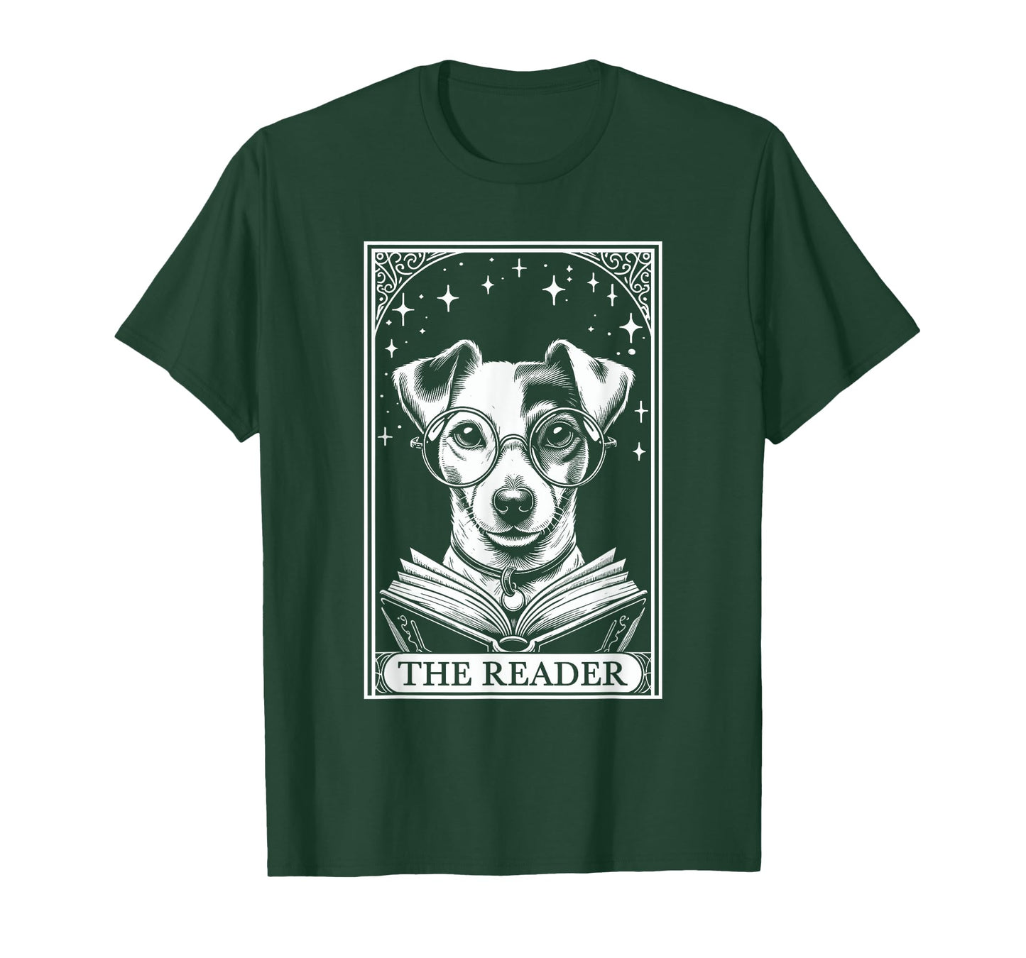 Retro Funny Jack Russell Dog Mom Reading Bookworm Tarot Card Jack Russell Terrier Book Lover T-Shirt - Unisex-Adults, Unisex-Kids - Black - Short Sleeve - Small
