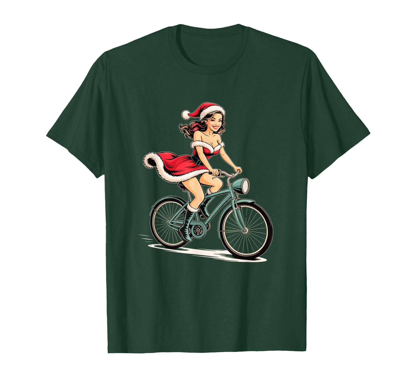 Pinup Christmas Santa Girl on Bicycle Vintage Retro Holiday T-Shirt