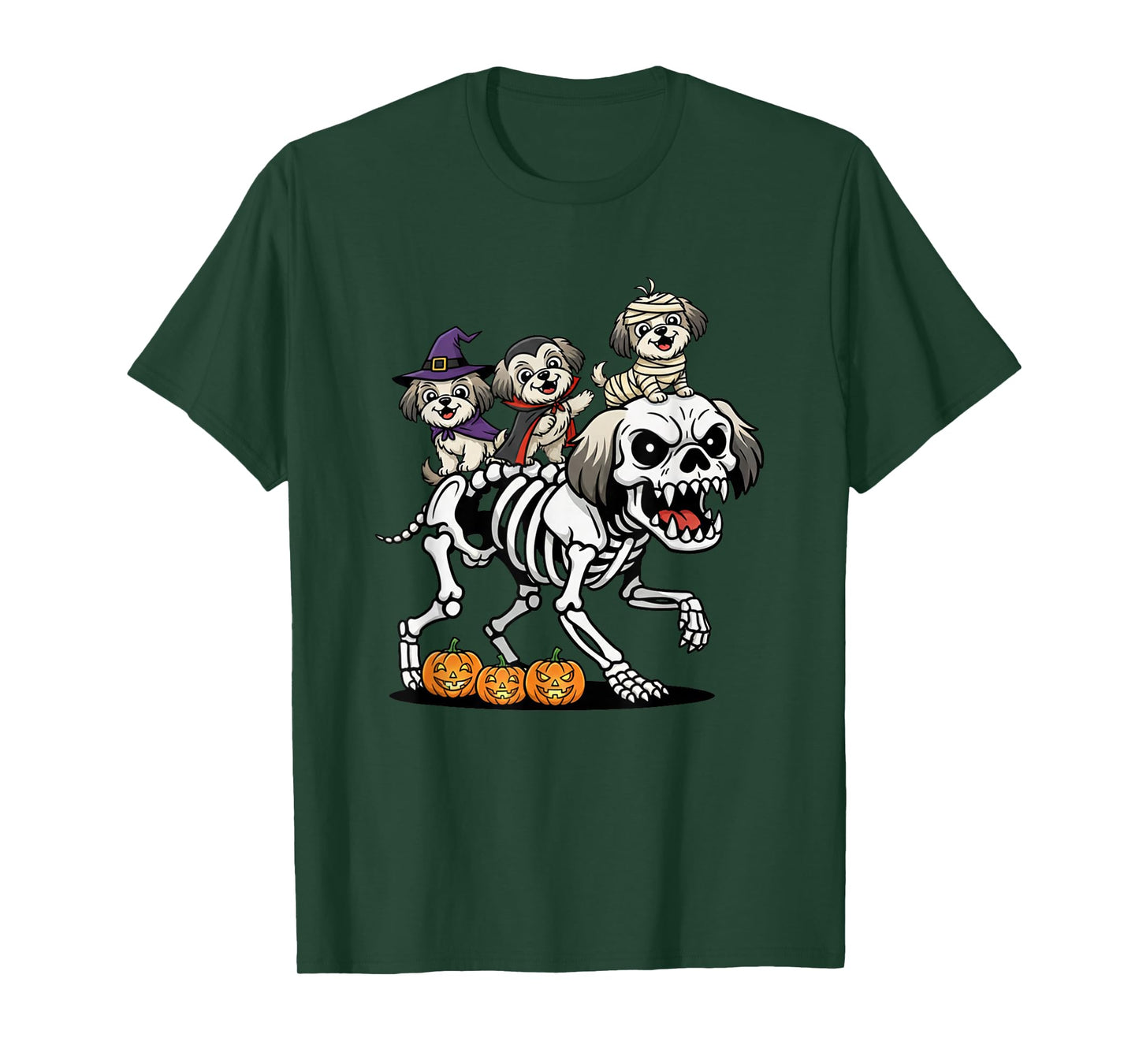 Shih Tzu Dog Skeleton Mummy Witch Halloween Kids Mens Womens T-Shirt