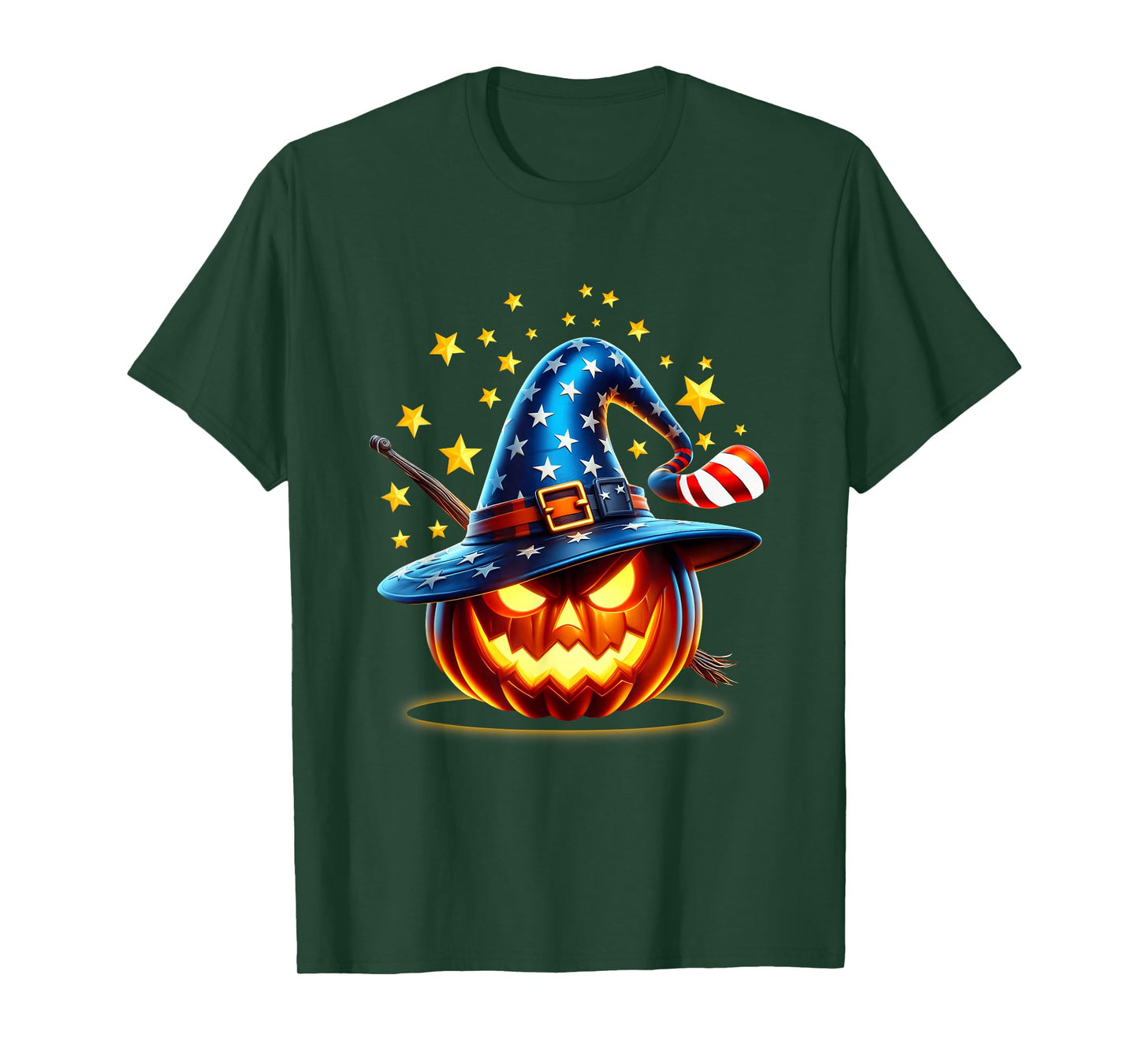 Patriotic Jack O Lantern Wearing Stars and Stripes Witch Hat T-Shirt
