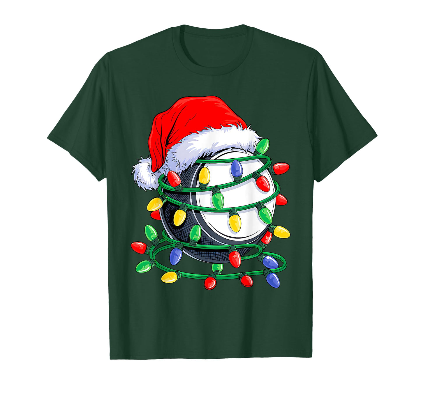 Hockey Santa Hat Christmas Squad Hockey Lover Xmas Lights T-Shirt