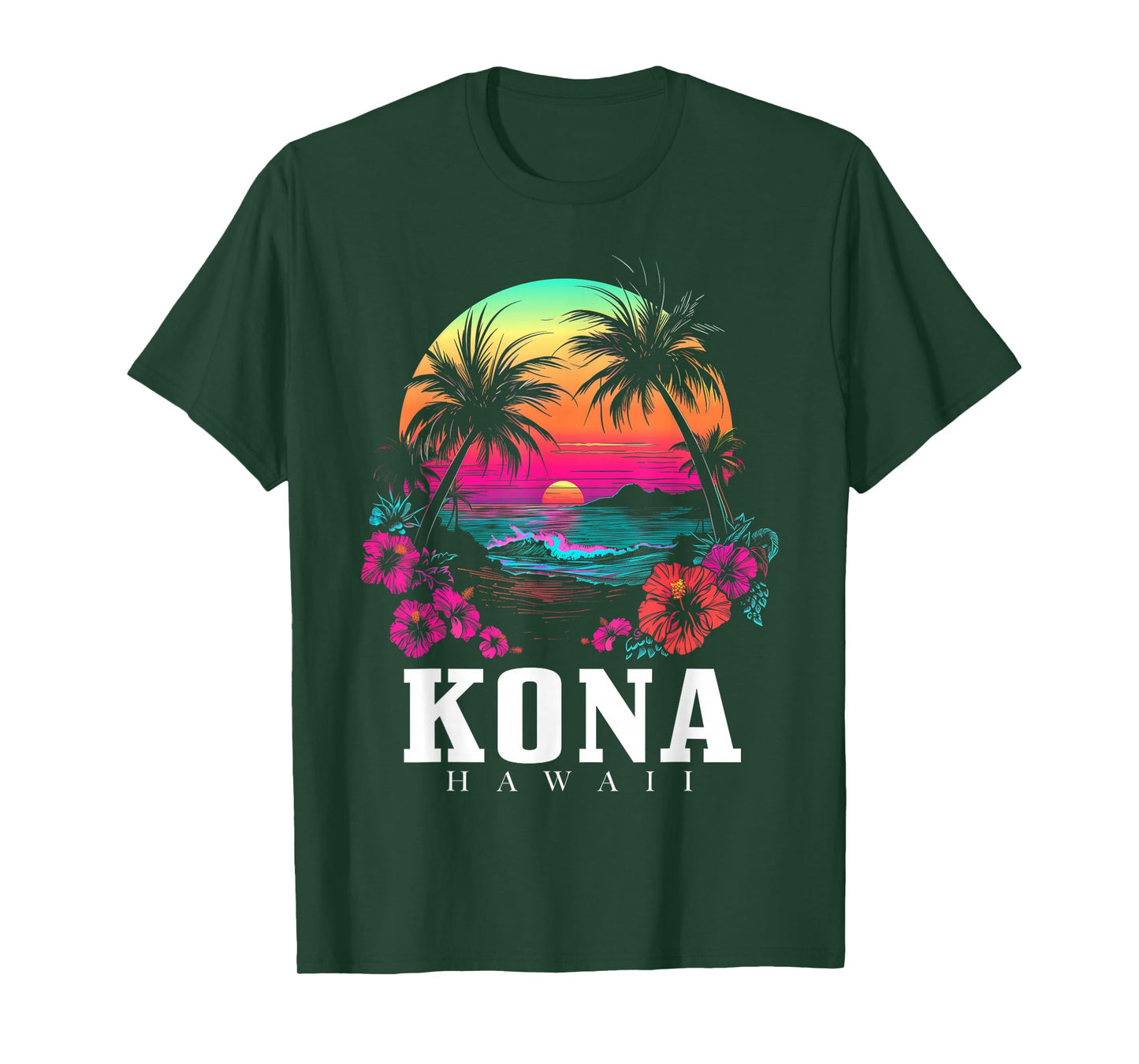 Kona Hawaii Hawaiian Hibiscus Flowers Surfer Souvenir T-Shirt