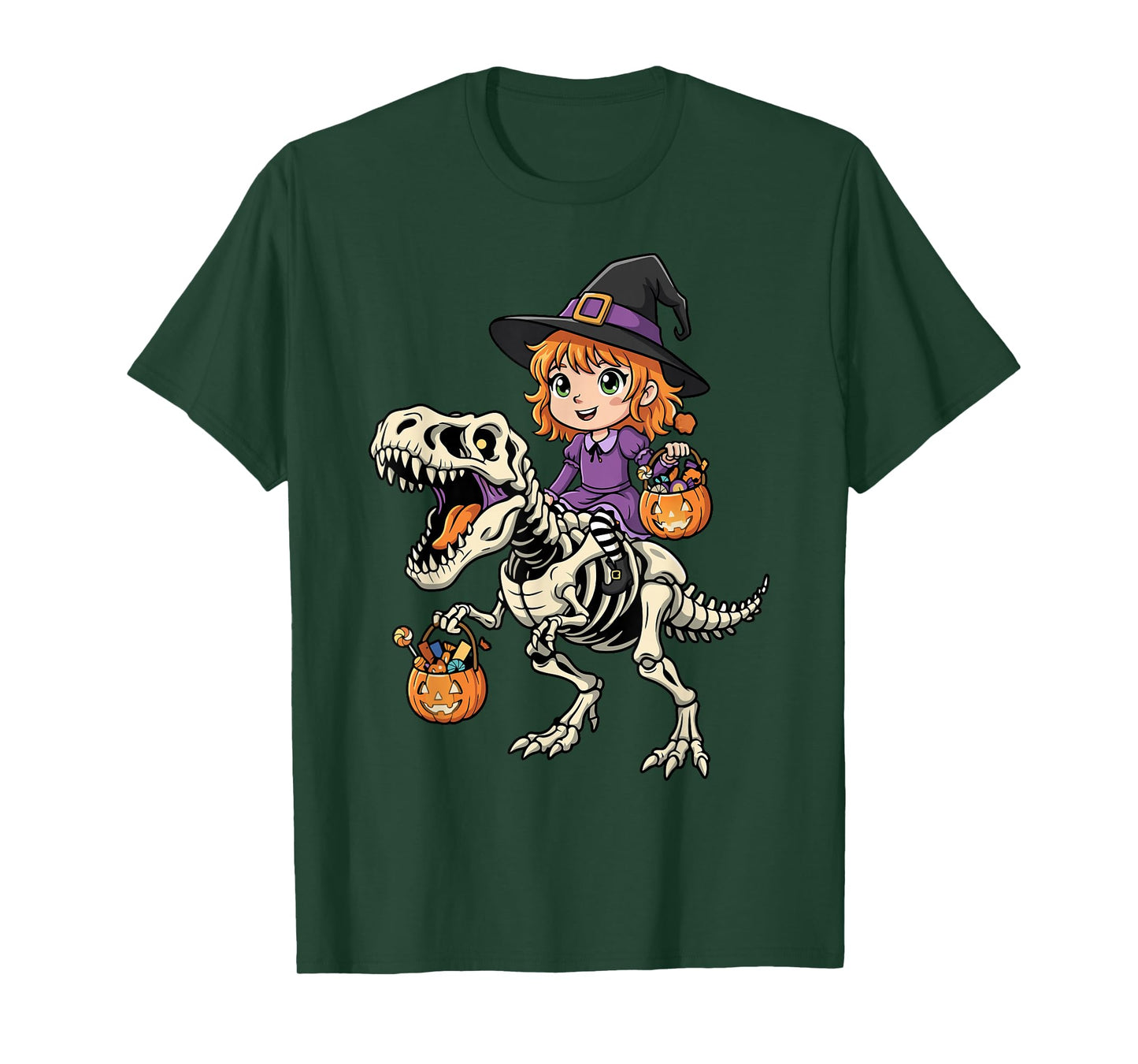 Witch Riding Skeleton T-Rex Funny Halloween Dinosaur T-Shirt
