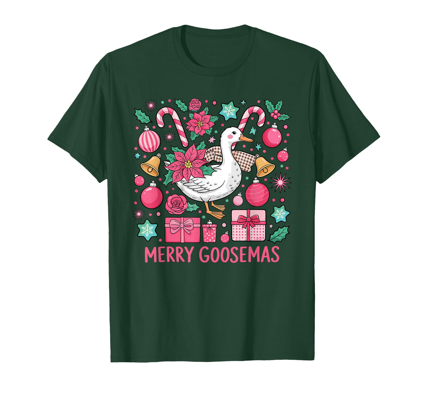 Merry Goosemas Pink Goose Santa Hat Lights Stars Christmas T-Shirt