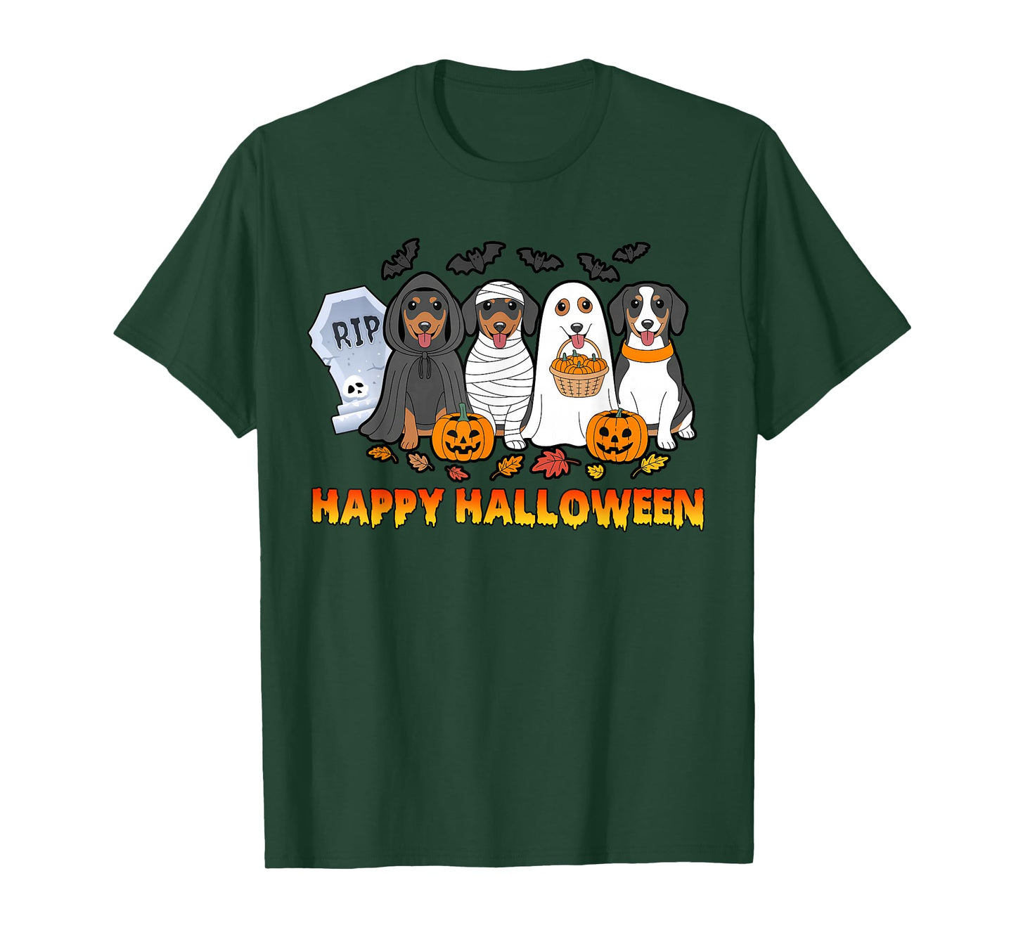 Ghost Witch Pumpkin Four Dachshund Dogs Lovers Halloween T-Shirt