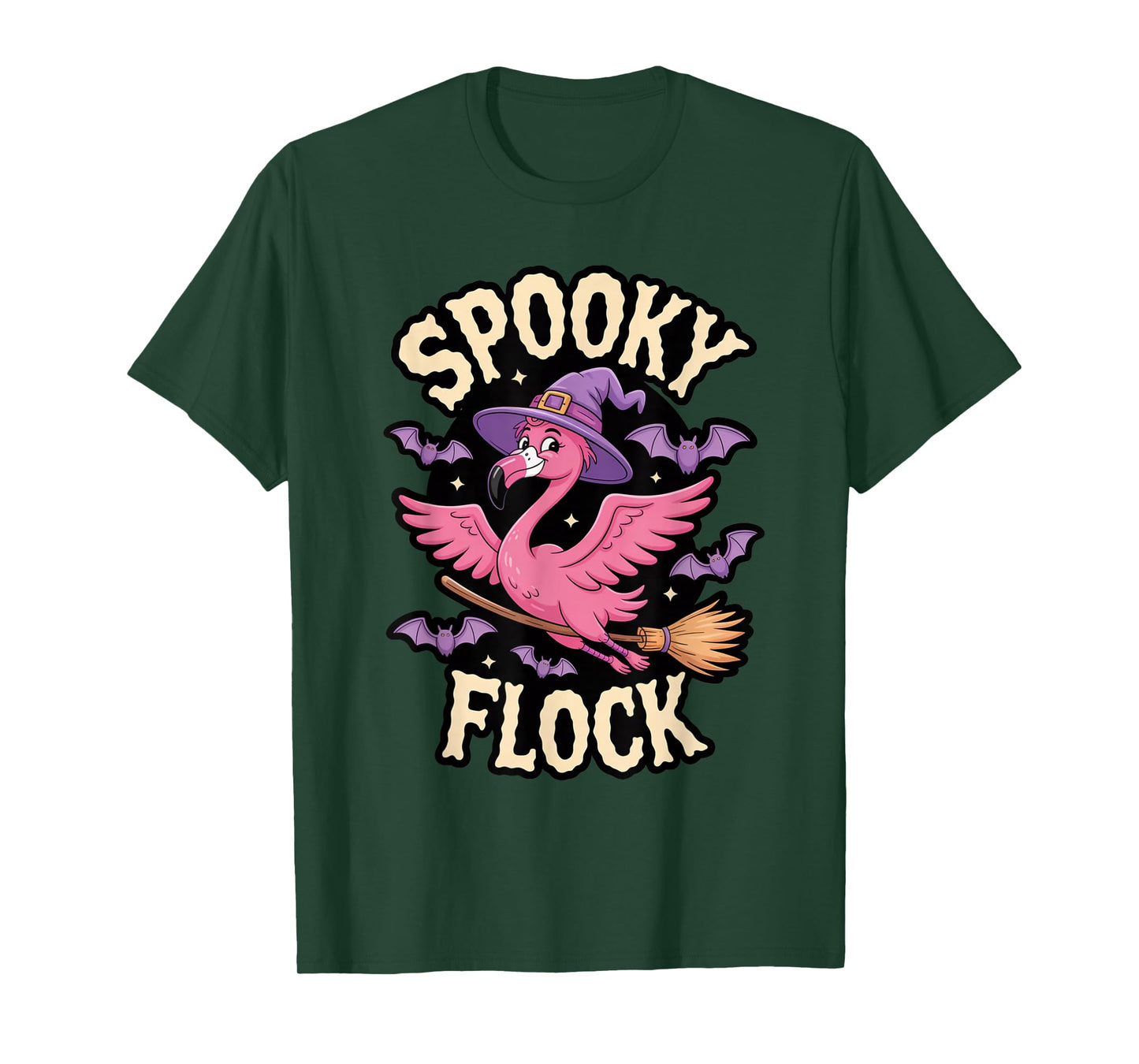 Spooky Flock Flamingo Witch with Bats T-Shirt