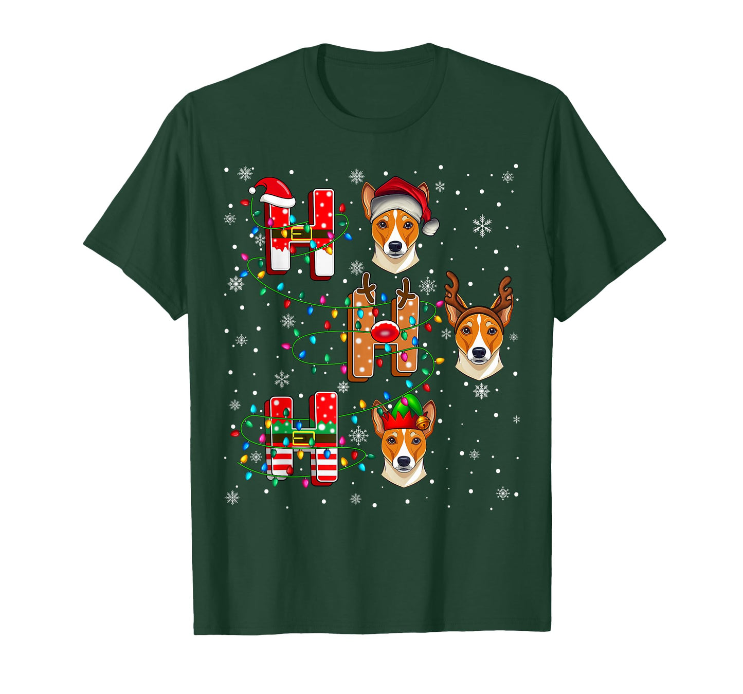 Ho Ho Ho Santa Reindeer Hat Elf Matching Basenji Dog Xmas T-Shirt