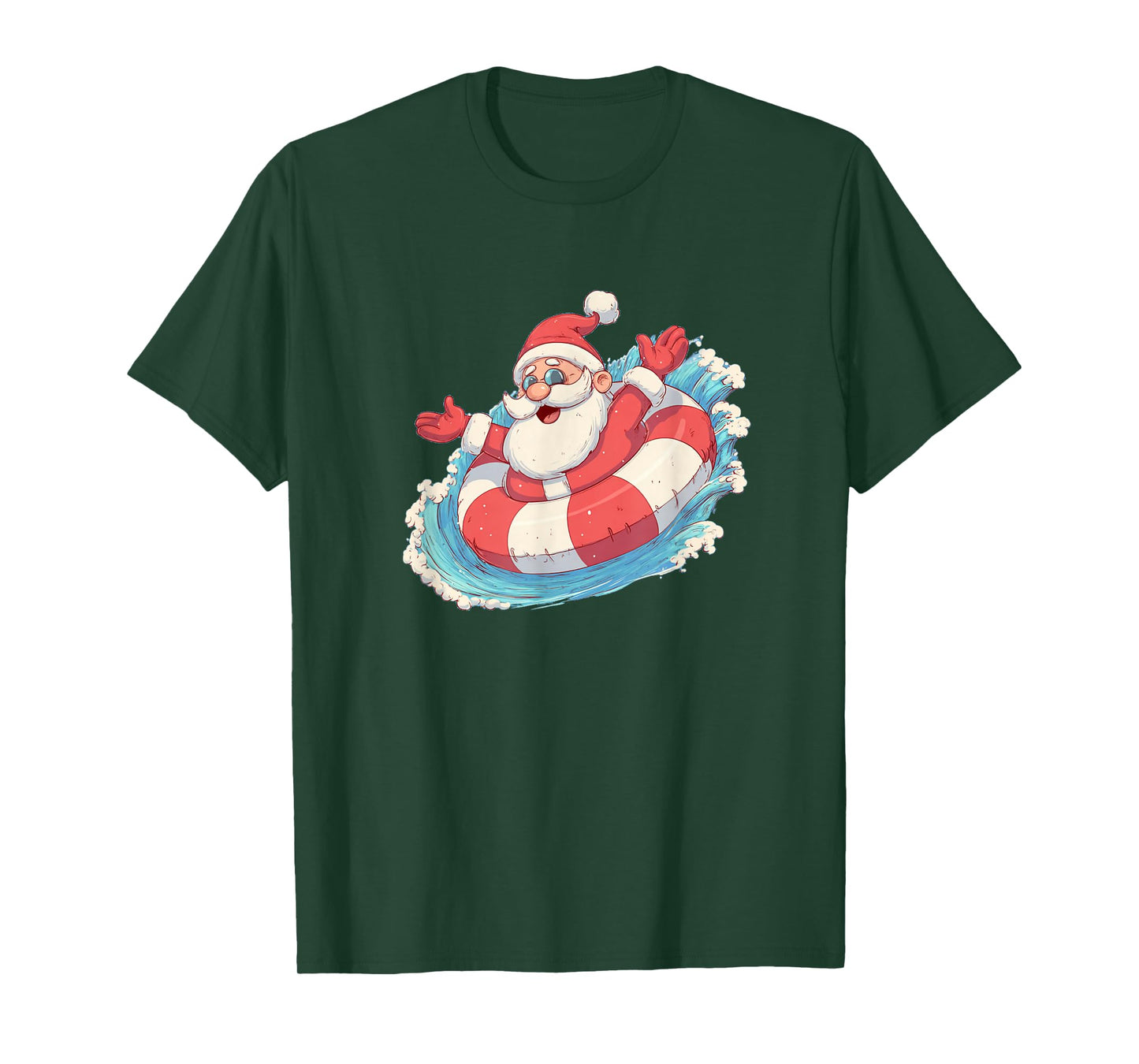 Great Festive Xmas Graphic with Excited Santa in Pool Ring T-Shirt