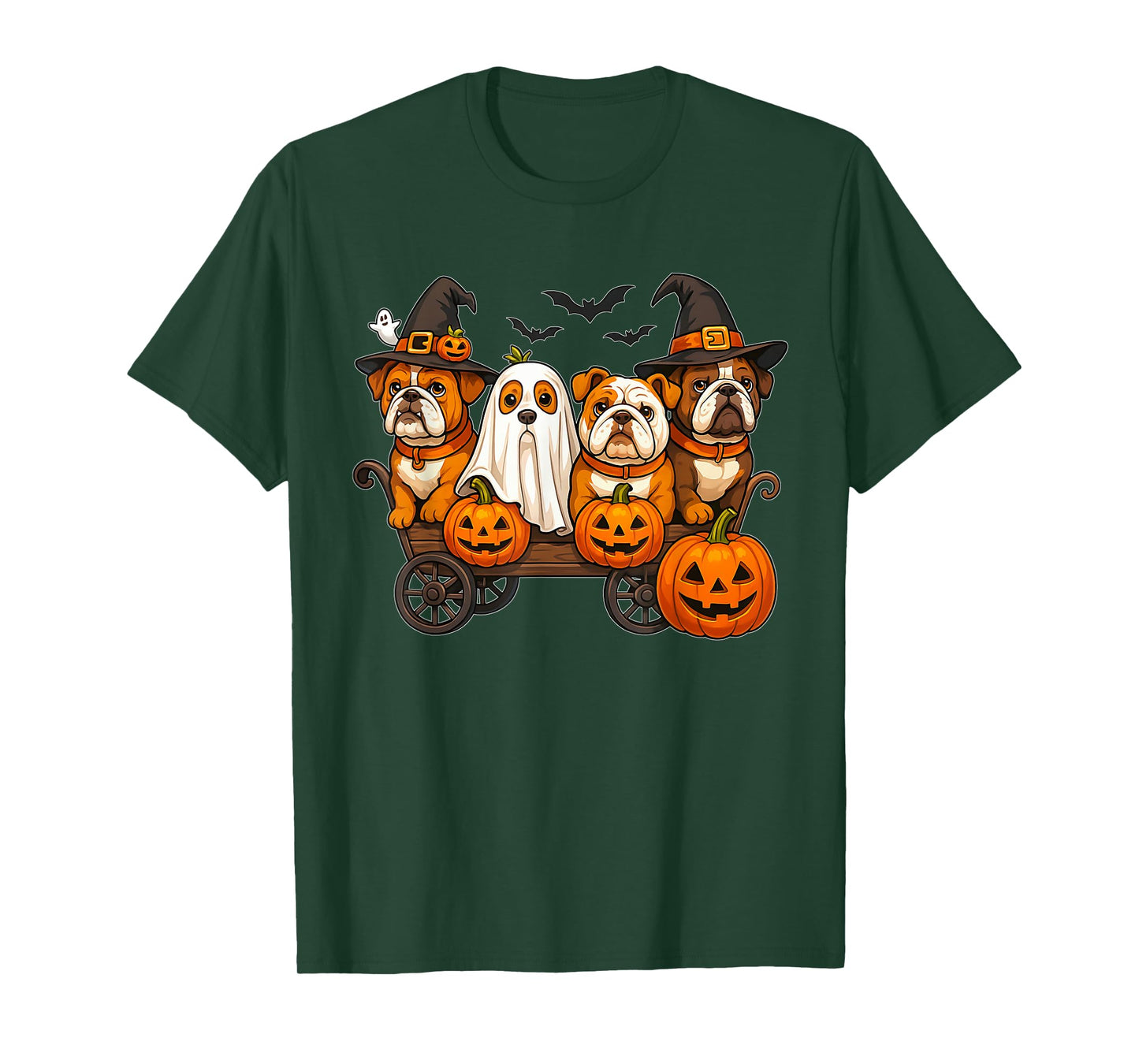 Halloween Bulldog Dogs Ghost Witch Pumpkins Wooden Wagon T-Shirt