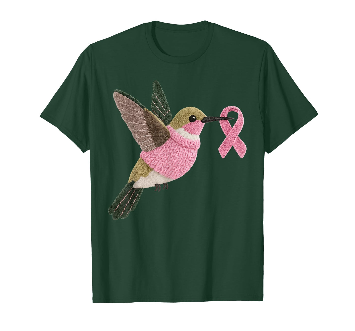 Hummingbird Pattern Felt Art Pink Ribbon Breast Cancer T-Shirt